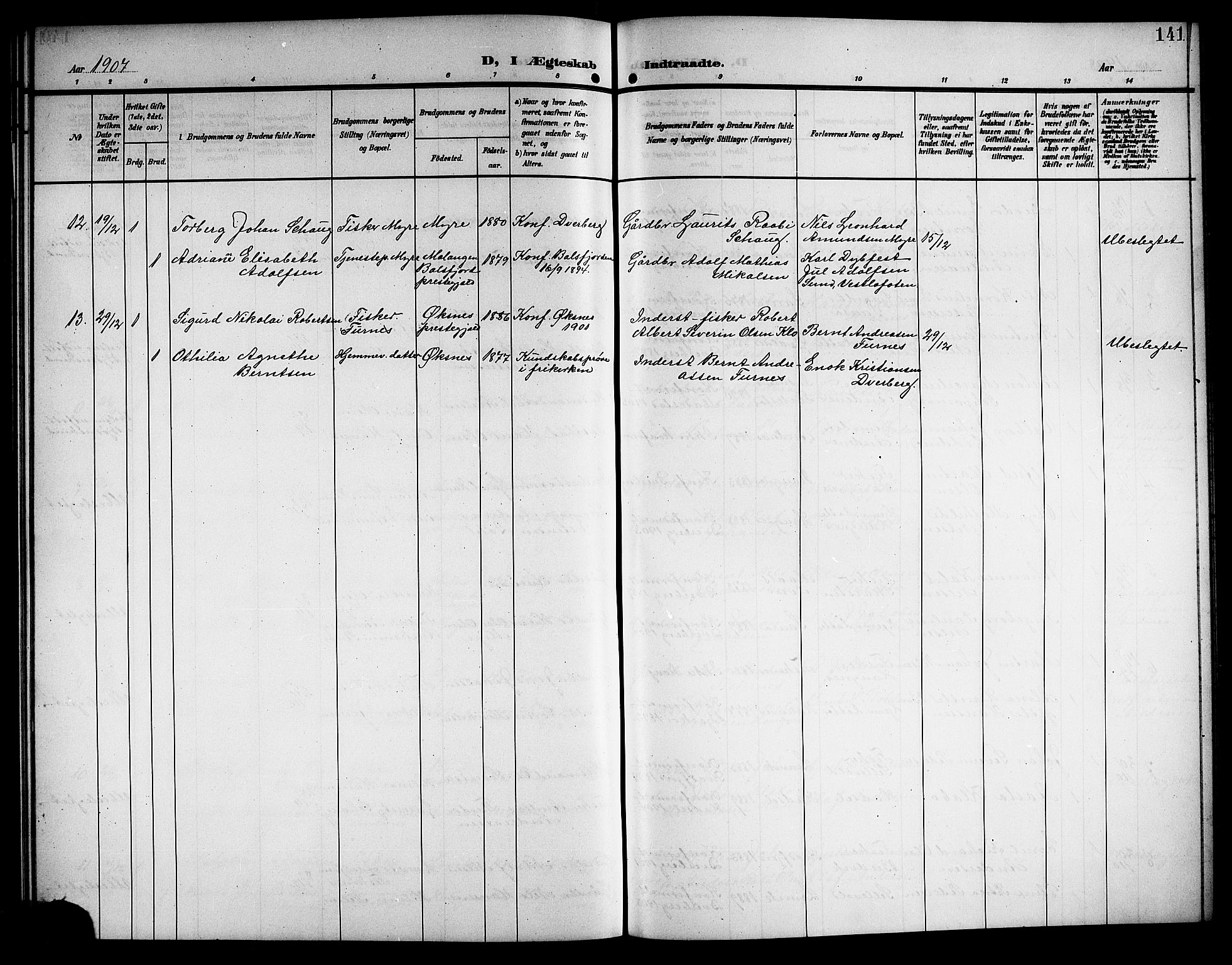 Ministerialprotokoller, klokkerbøker og fødselsregistre - Nordland, SAT/A-1459/897/L1414: Parish register (copy) no. 897C04, 1904-1915, p. 141