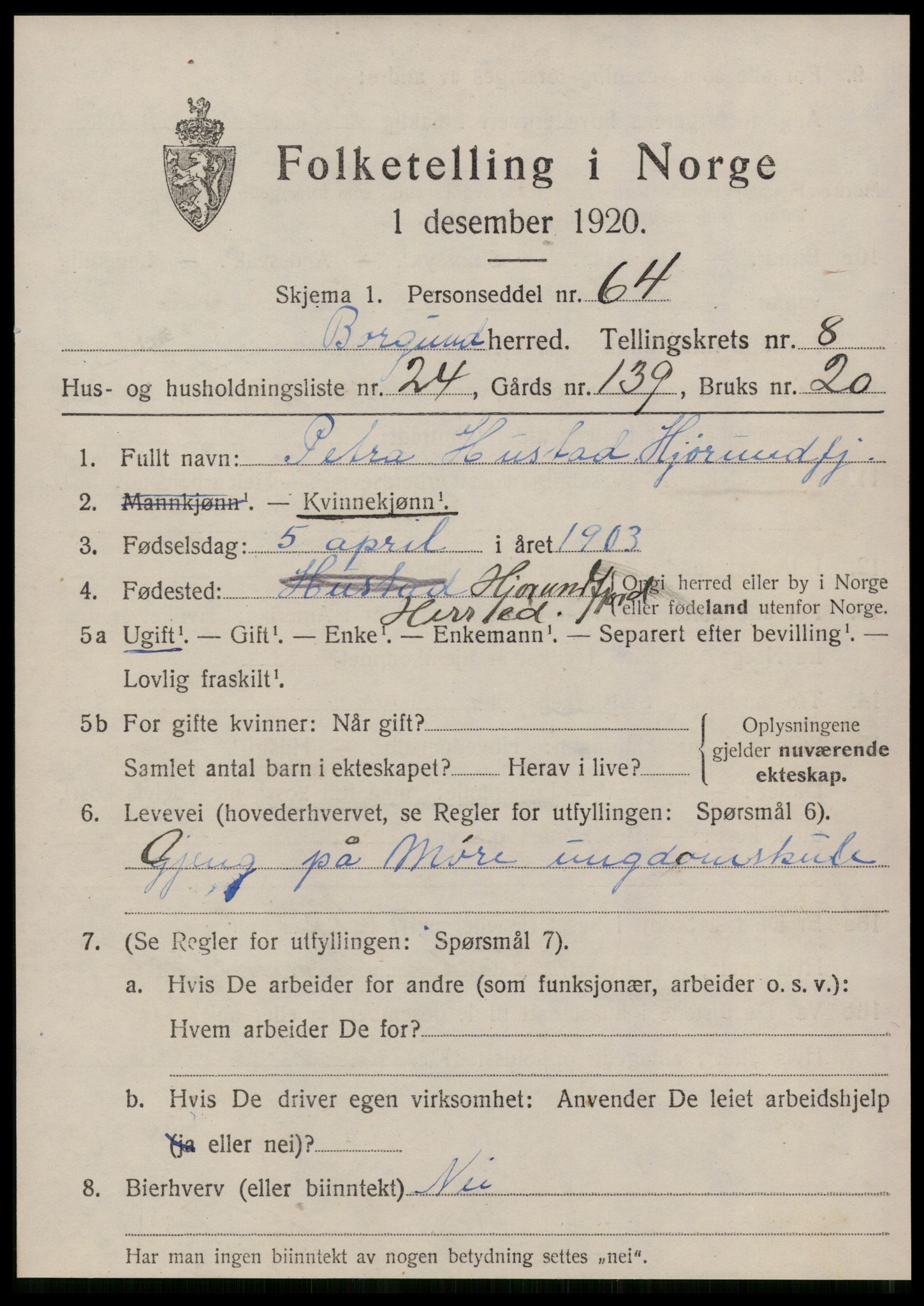 SAT, 1920 census for Borgund, 1920, p. 7790