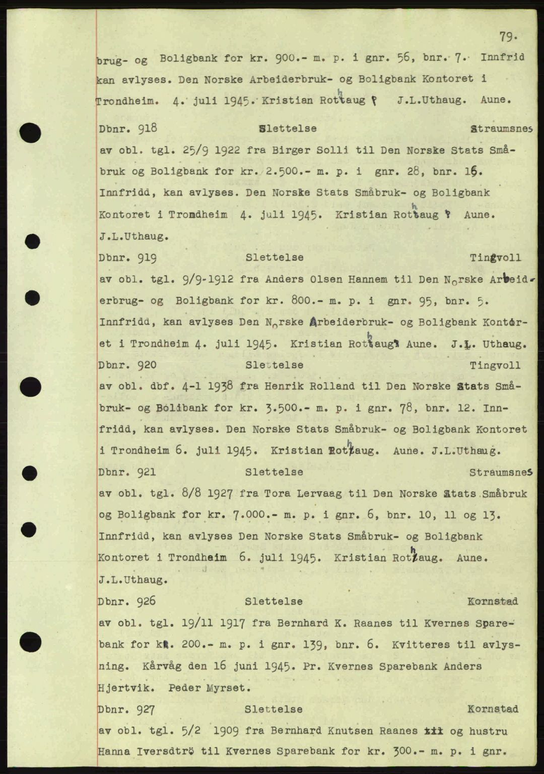 Nordmøre sorenskriveri, AV/SAT-A-4132/1/2/2Ca: Mortgage book no. C82a, 1945-1946, Diary no: : 918/1945