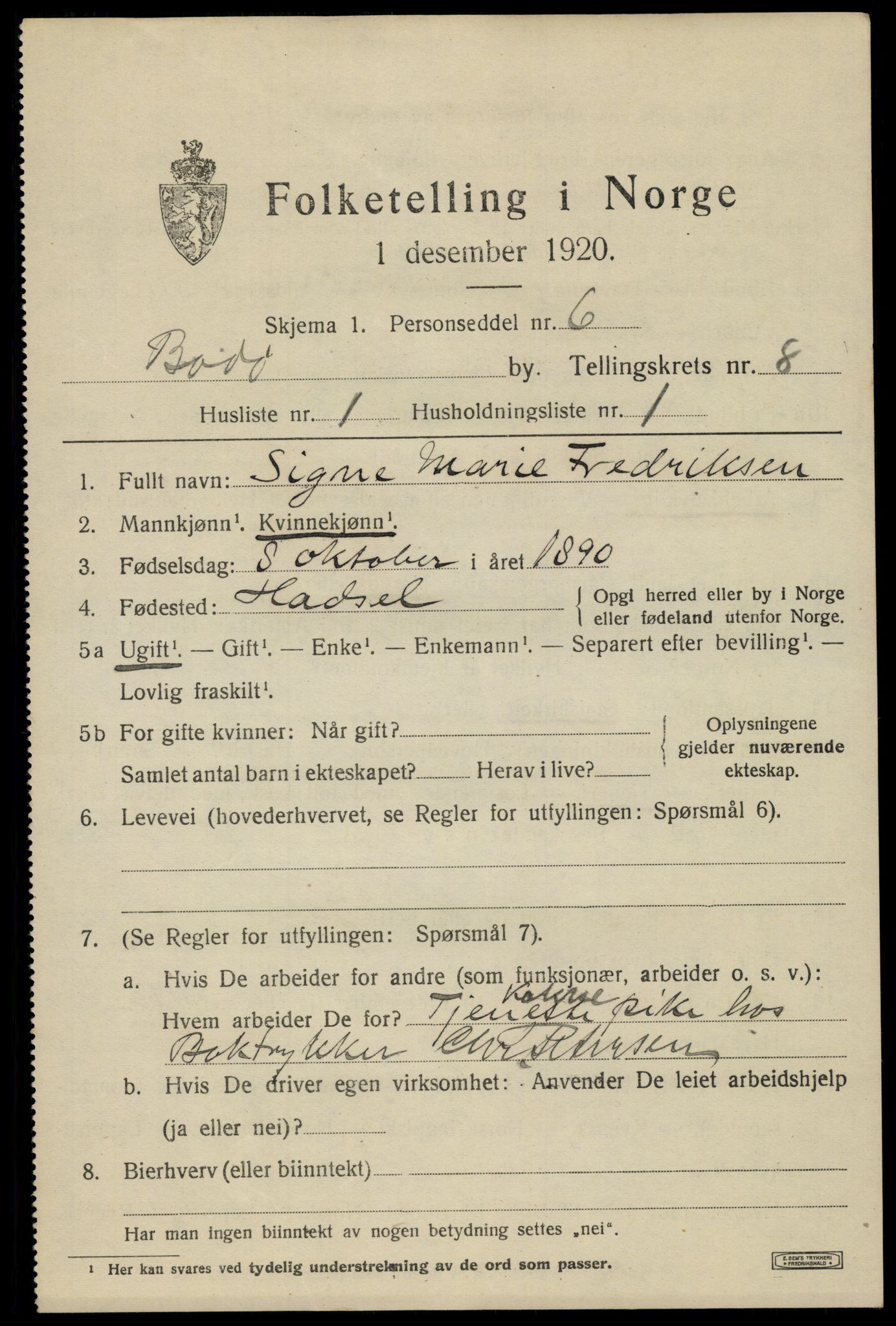 SAT, 1920 census for Bodø, 1920, p. 12141