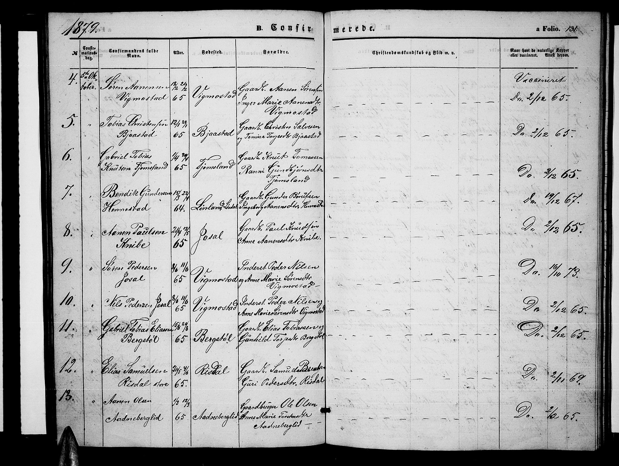 Nord-Audnedal sokneprestkontor, AV/SAK-1111-0032/F/Fb/Fbb/L0002: Parish register (copy) no. B 2, 1859-1882, p. 131