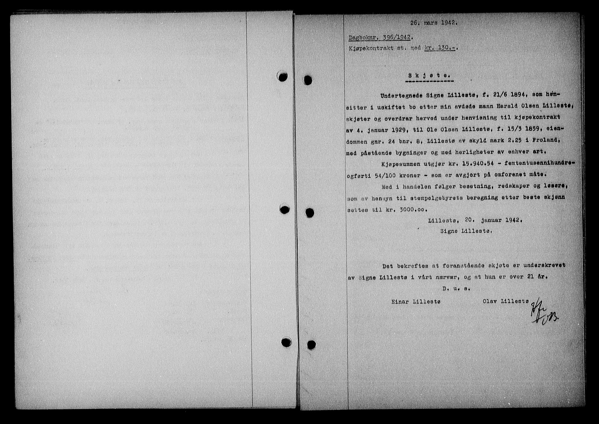 Nedenes sorenskriveri, SAK/1221-0006/G/Gb/Gba/L0049: Mortgage book no. A-III, 1941-1942, Diary no: : 396/1942