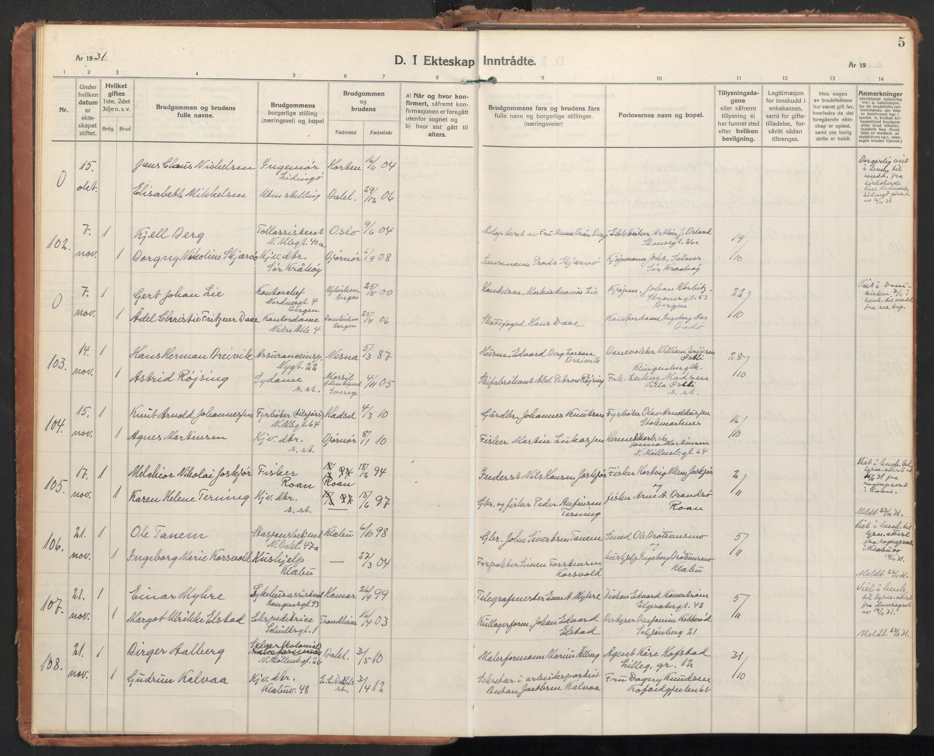 Ministerialprotokoller, klokkerbøker og fødselsregistre - Sør-Trøndelag, AV/SAT-A-1456/604/L0209: Parish register (official) no. 604A29, 1931-1945, p. 5