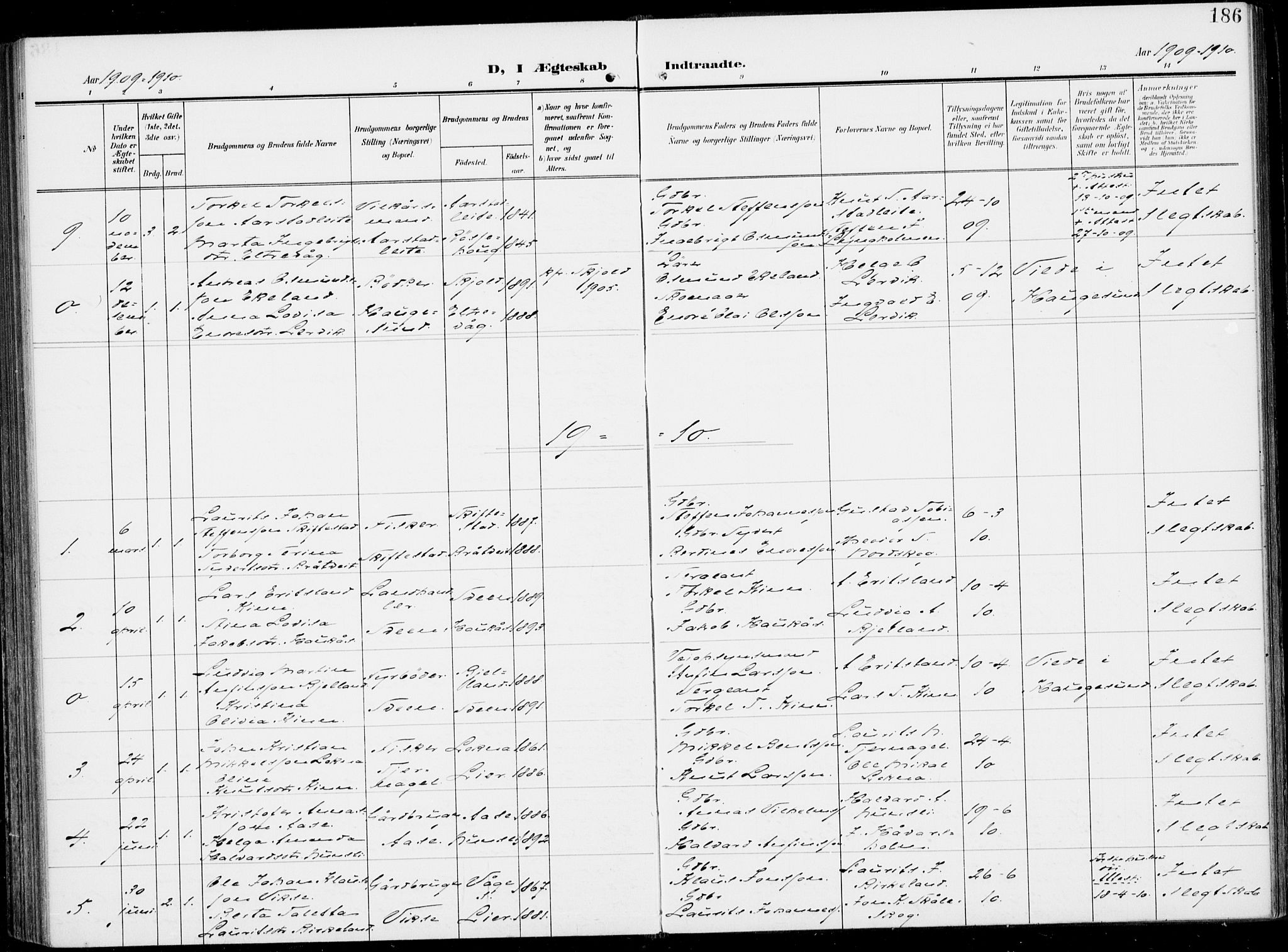 Sveio Sokneprestembete, SAB/A-78501/H/Haa: Parish register (official) no. B  4, 1906-1919, p. 186