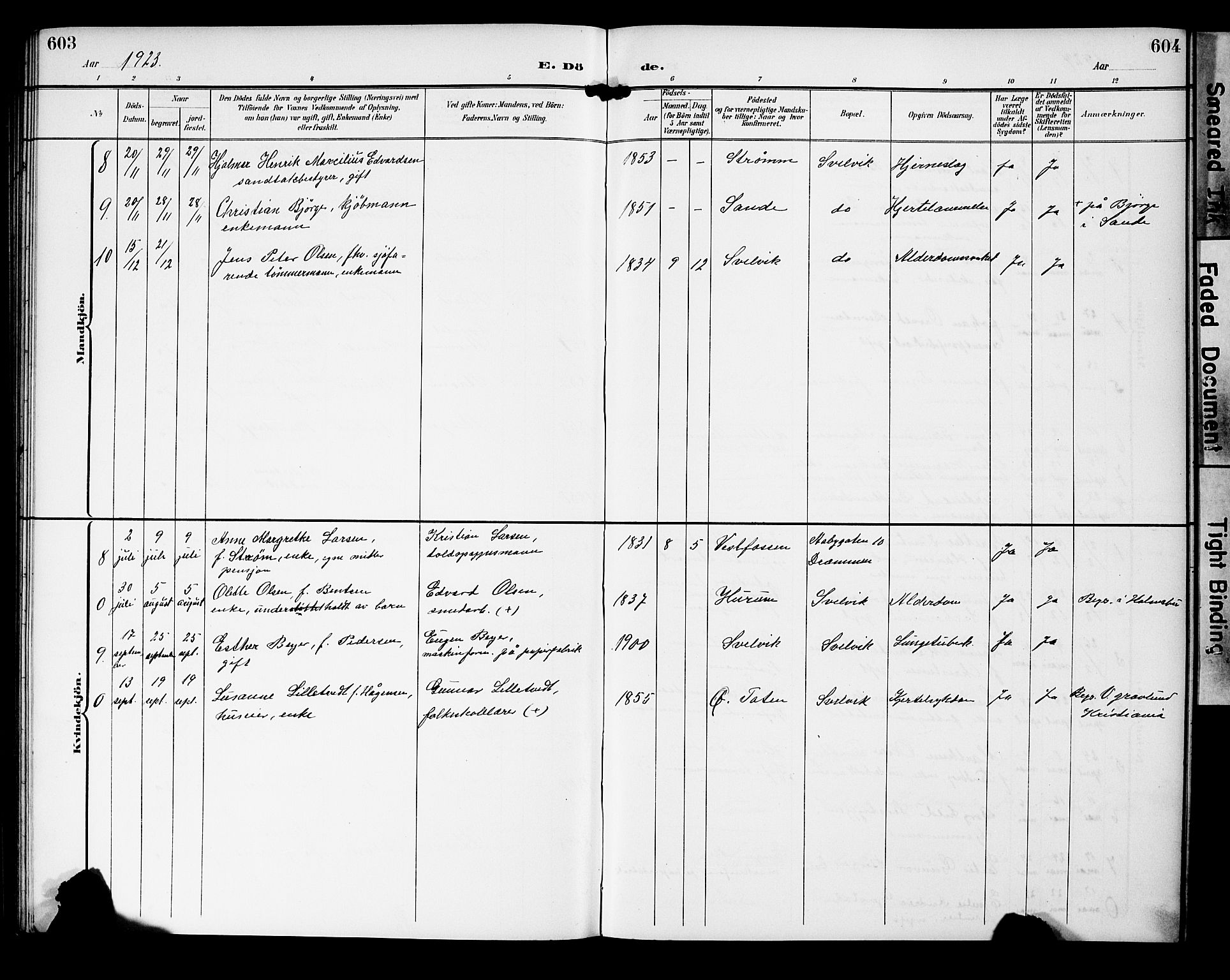 Strømm kirkebøker, AV/SAKO-A-322/G/Gb/L0002: Parish register (copy) no. II 2, 1897-1928, p. 603-604