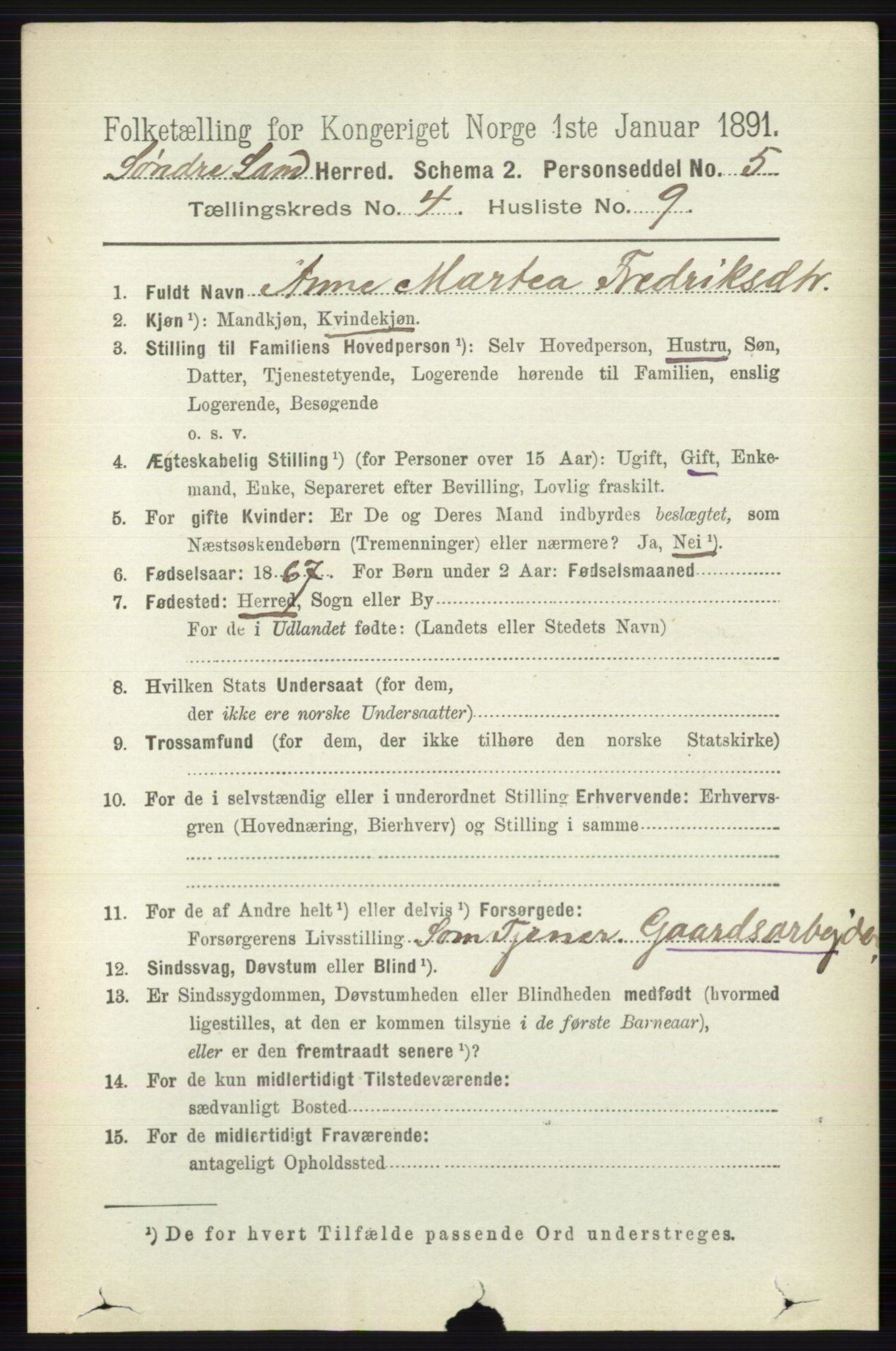 RA, 1891 census for 0536 Søndre Land, 1891, p. 4045