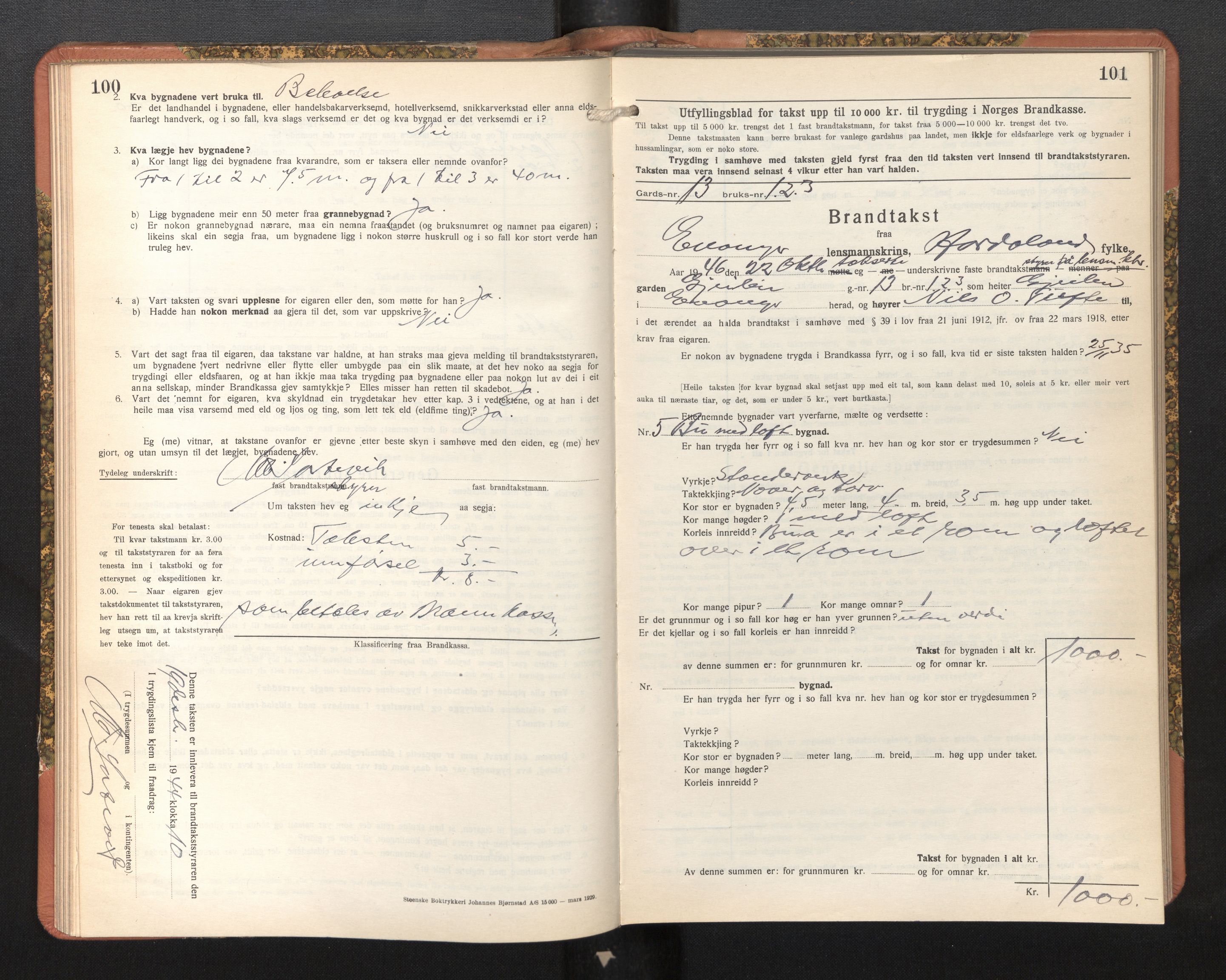 Lensmannen i Evanger, SAB/A-31701/0012/L0006: Branntakstprotokoll, skjematakst, 1936-1955, p. 100-101