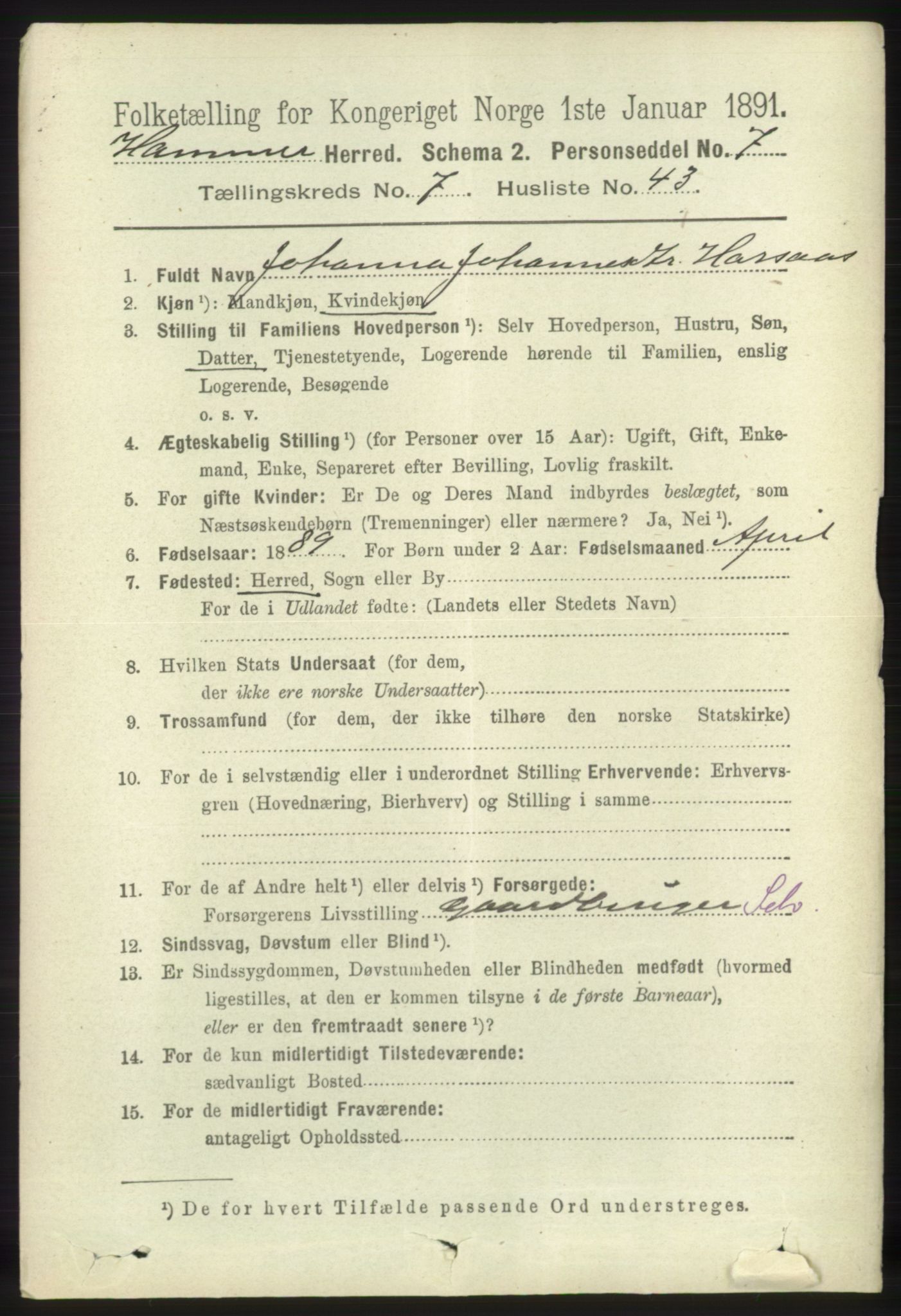 RA, 1891 census for 1254 Hamre, 1891, p. 1962