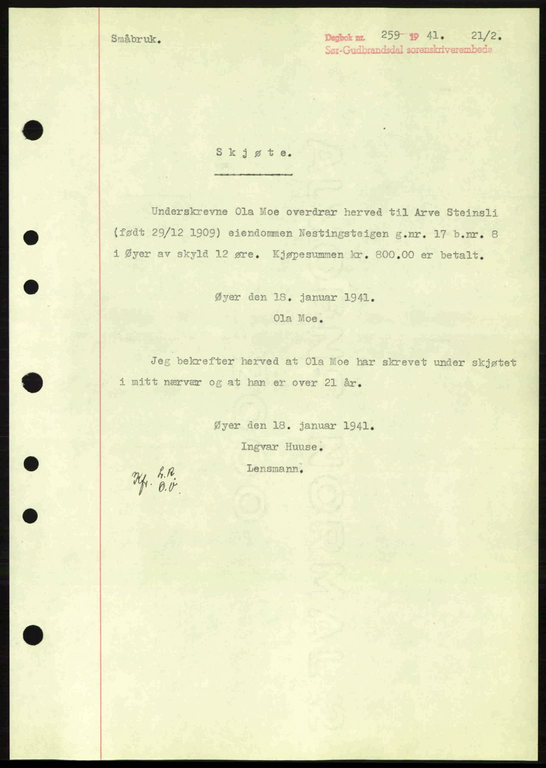 Sør-Gudbrandsdal tingrett, AV/SAH-TING-004/H/Hb/Hbd/L0008: Mortgage book no. A8, 1940-1941, Diary no: : 259/1941