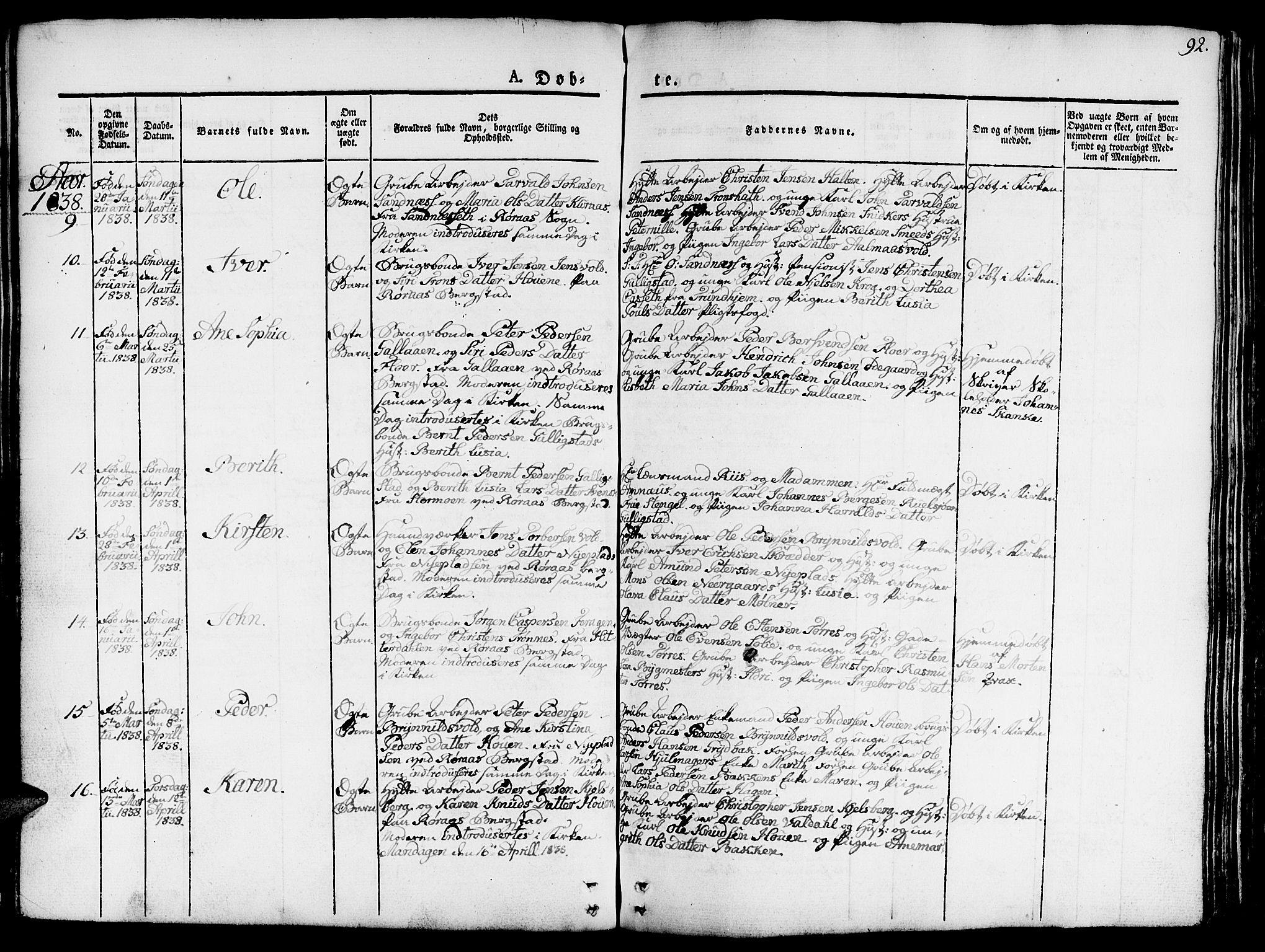 Ministerialprotokoller, klokkerbøker og fødselsregistre - Sør-Trøndelag, SAT/A-1456/681/L0938: Parish register (copy) no. 681C02, 1829-1879, p. 92