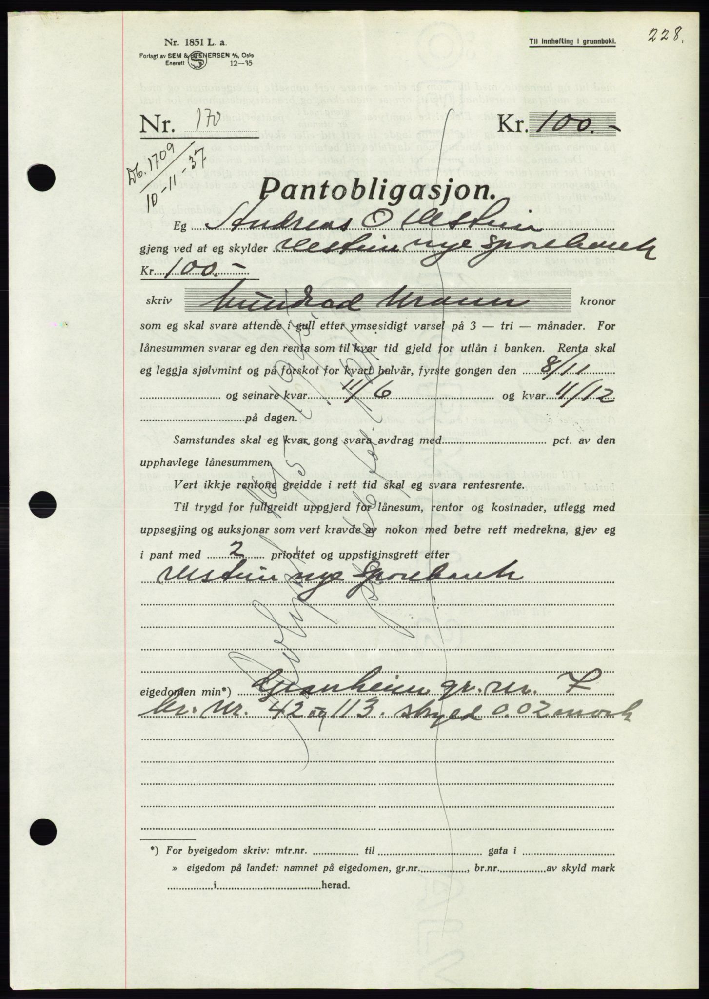 Søre Sunnmøre sorenskriveri, AV/SAT-A-4122/1/2/2C/L0064: Mortgage book no. 58, 1937-1938, Diary no: : 1709/1937