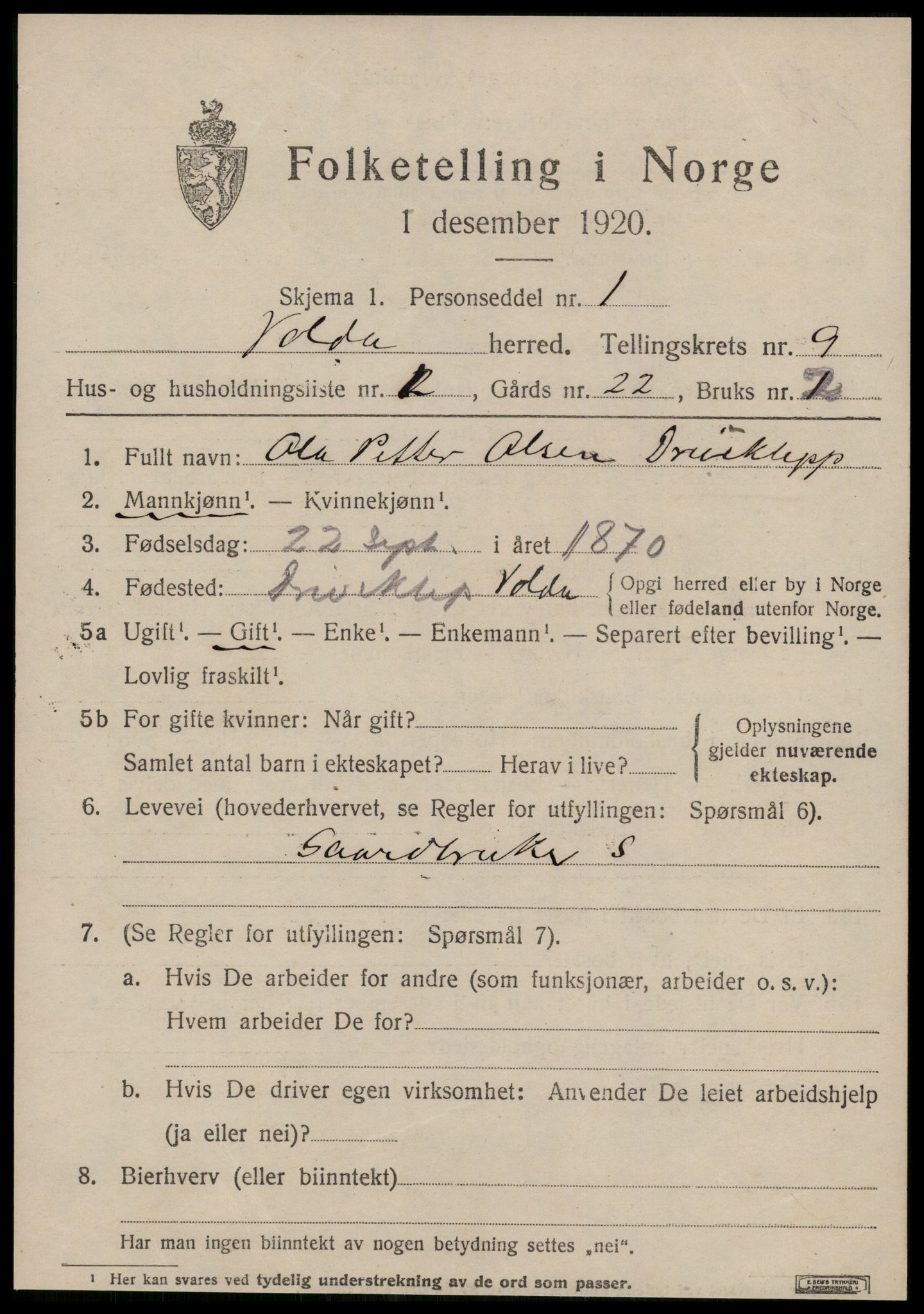 SAT, 1920 census for Volda, 1920, p. 6740