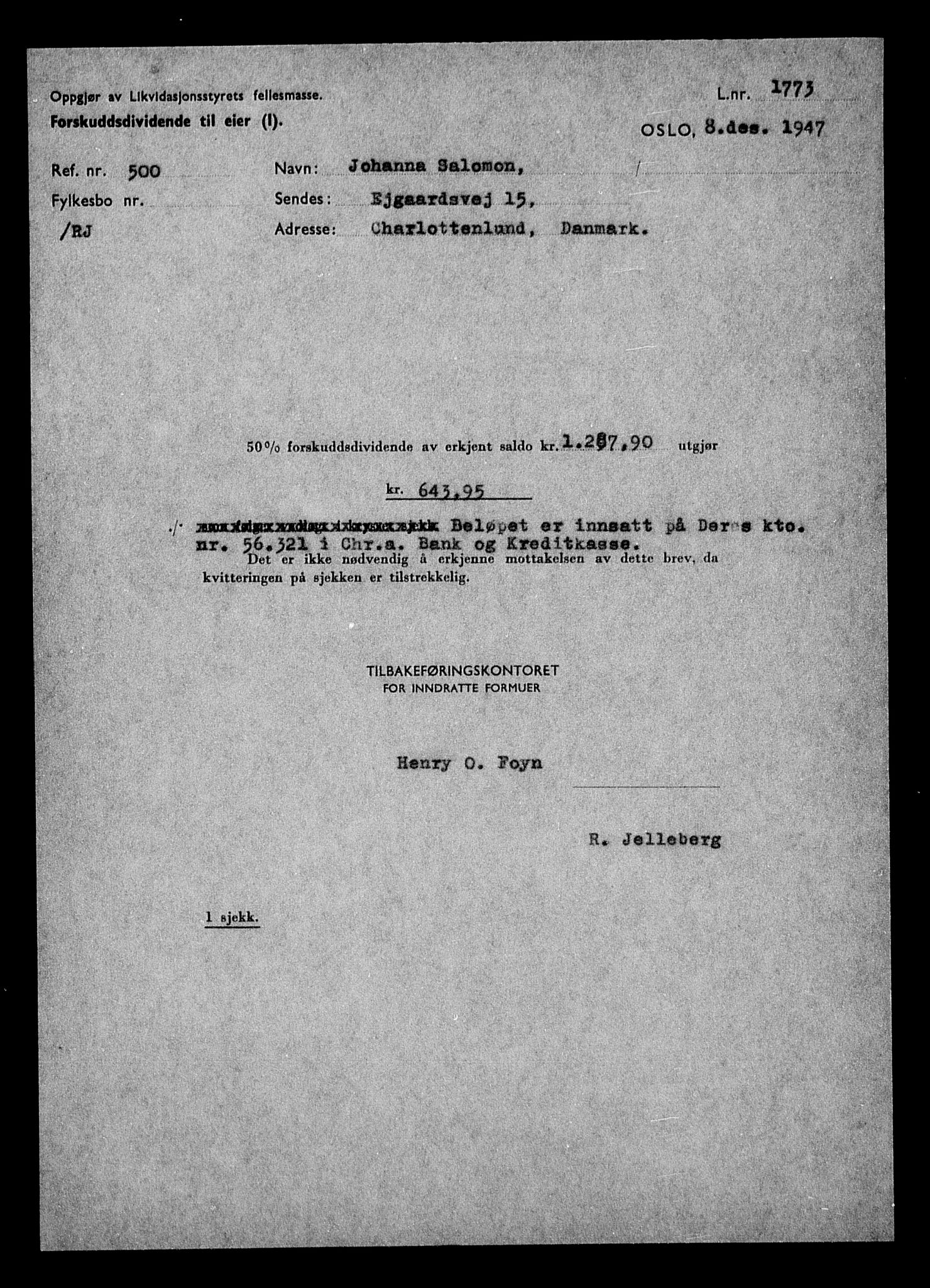 Justisdepartementet, Tilbakeføringskontoret for inndratte formuer, AV/RA-S-1564/H/Hc/Hcc/L0976: --, 1945-1947, p. 167