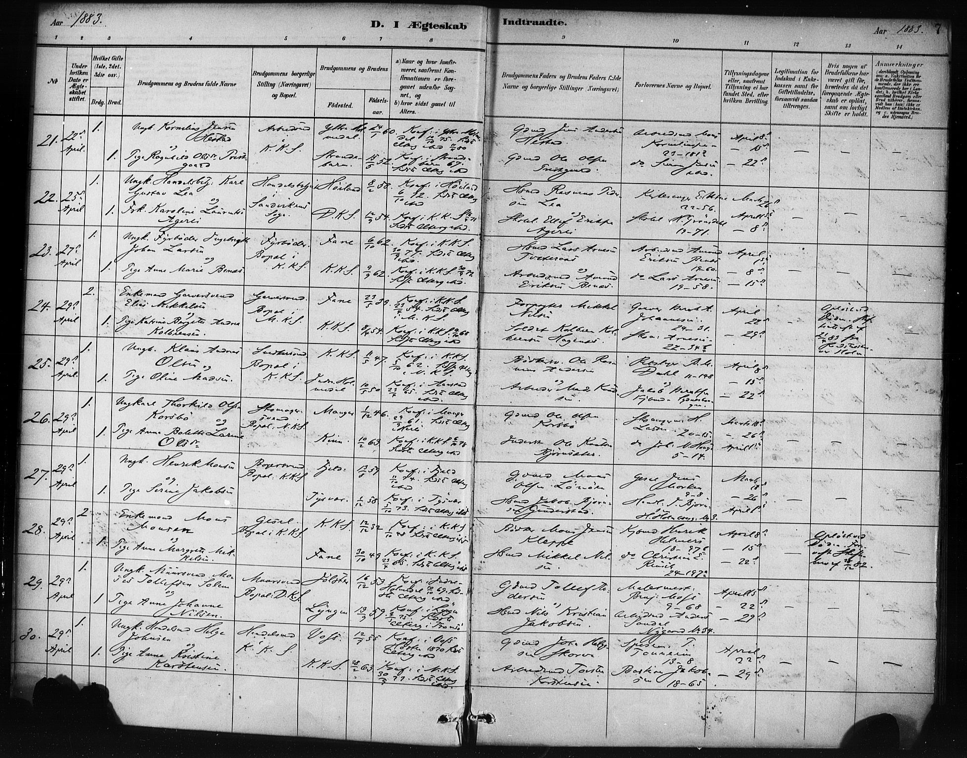 Korskirken sokneprestembete, AV/SAB-A-76101/H/Haa/L0037: Parish register (official) no. D 4, 1883-1904, p. 7