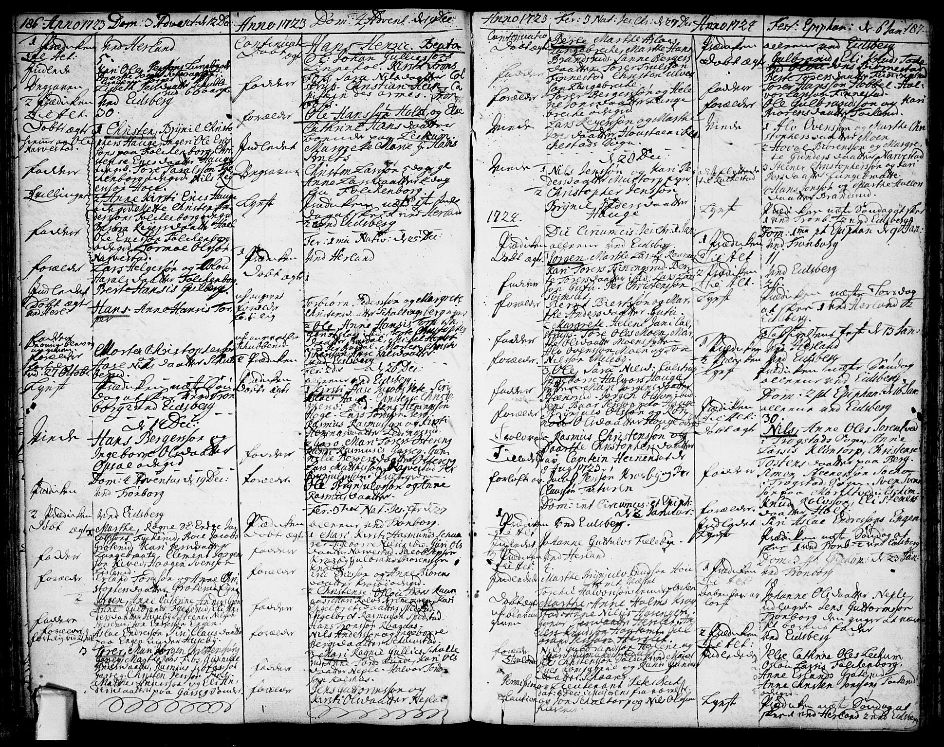 Eidsberg prestekontor Kirkebøker, SAO/A-10905/F/Fa/L0001: Parish register (official) no. I 1, 1710-1730, p. 186-187