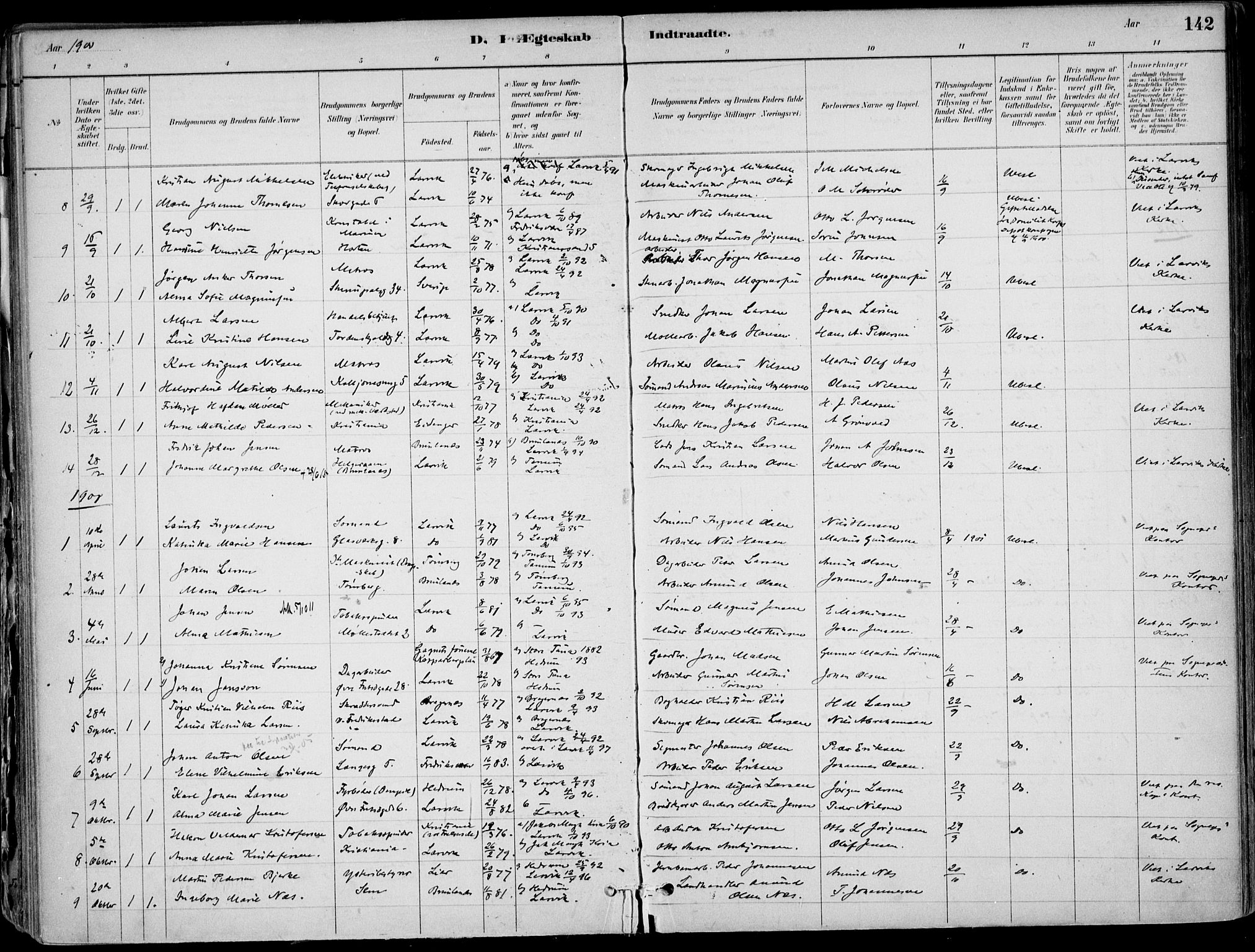 Larvik kirkebøker, SAKO/A-352/F/Fb/L0004: Parish register (official) no. II 4, 1884-1902, p. 142