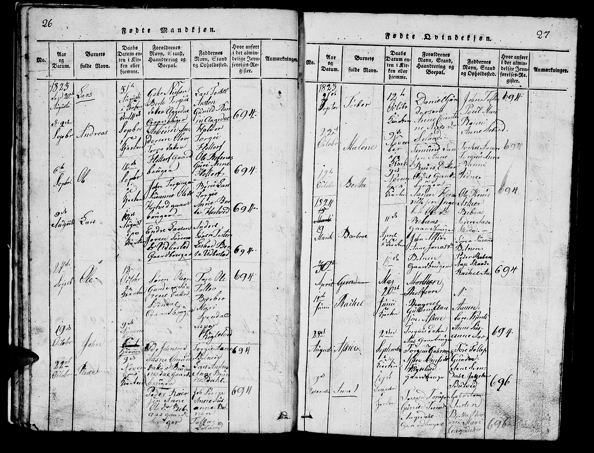 Bjelland sokneprestkontor, SAK/1111-0005/F/Fb/Fbc/L0001: Parish register (copy) no. B 1, 1815-1870, p. 26-27