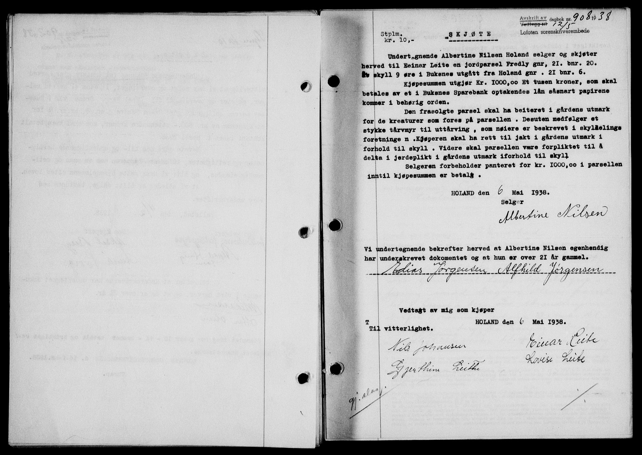 Lofoten sorenskriveri, SAT/A-0017/1/2/2C/L0004a: Mortgage book no. 4a, 1938-1938, Diary no: : 908/1938