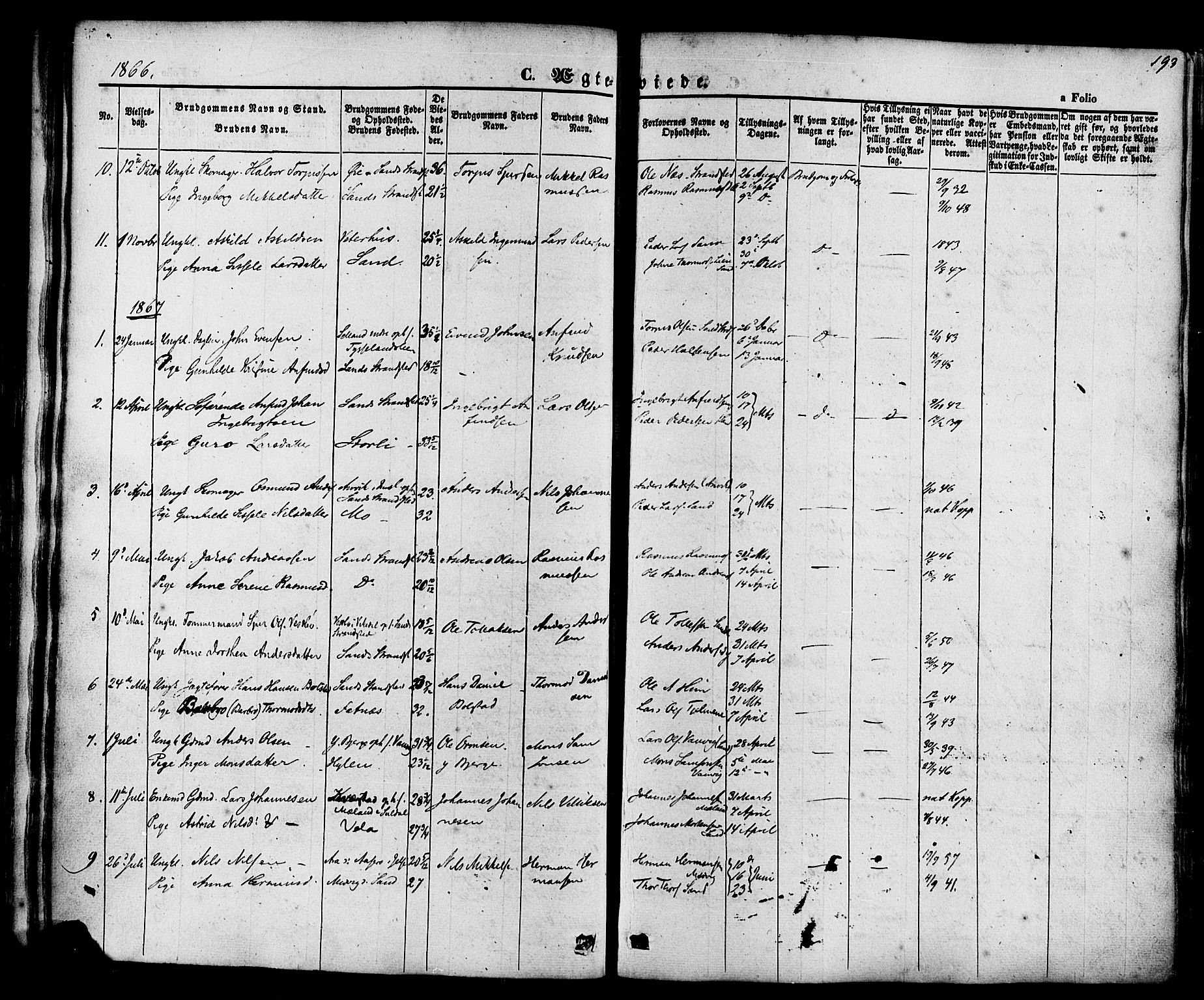 Sand sokneprestkontor, AV/SAST-A-101848/01/III/L0003: Parish register (official) no. A 3, 1854-1879, p. 193