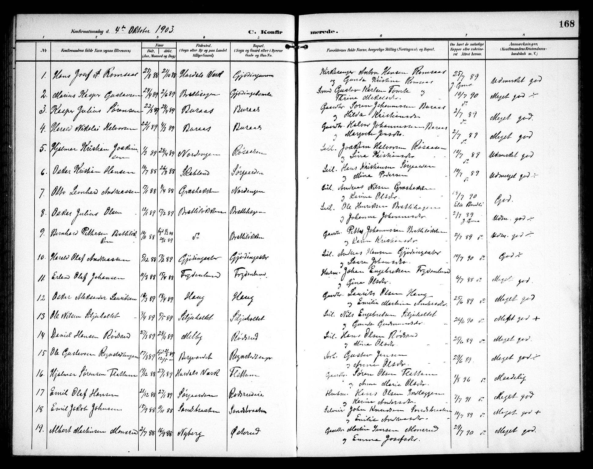 Hurdal prestekontor Kirkebøker, SAO/A-10889/G/Ga/L0001: Parish register (copy) no. I 1, 1902-1934, p. 168