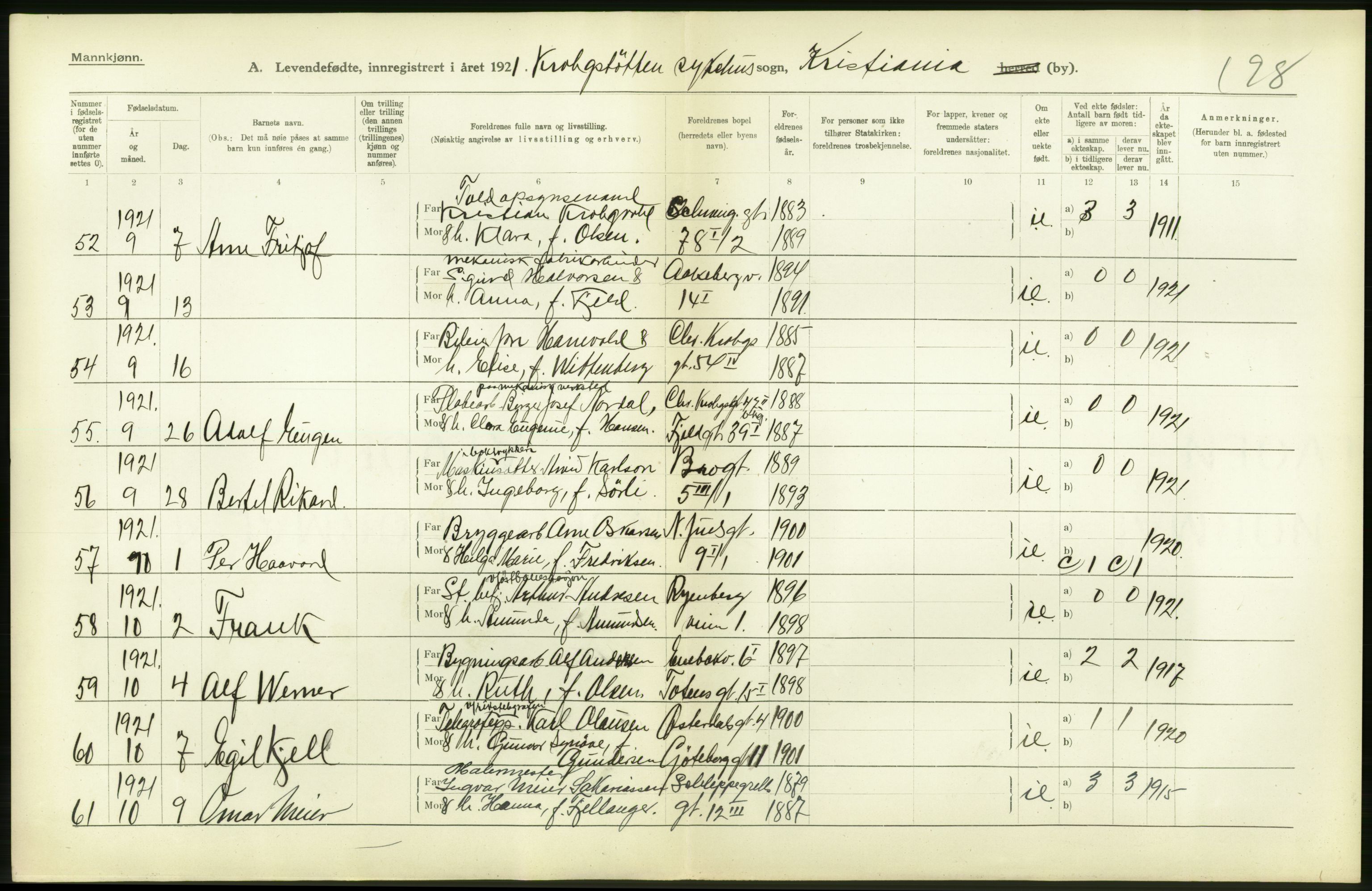 Statistisk sentralbyrå, Sosiodemografiske emner, Befolkning, AV/RA-S-2228/D/Df/Dfc/Dfca/L0009: Kristiania: Levendefødte menn og kvinner., 1921, p. 12