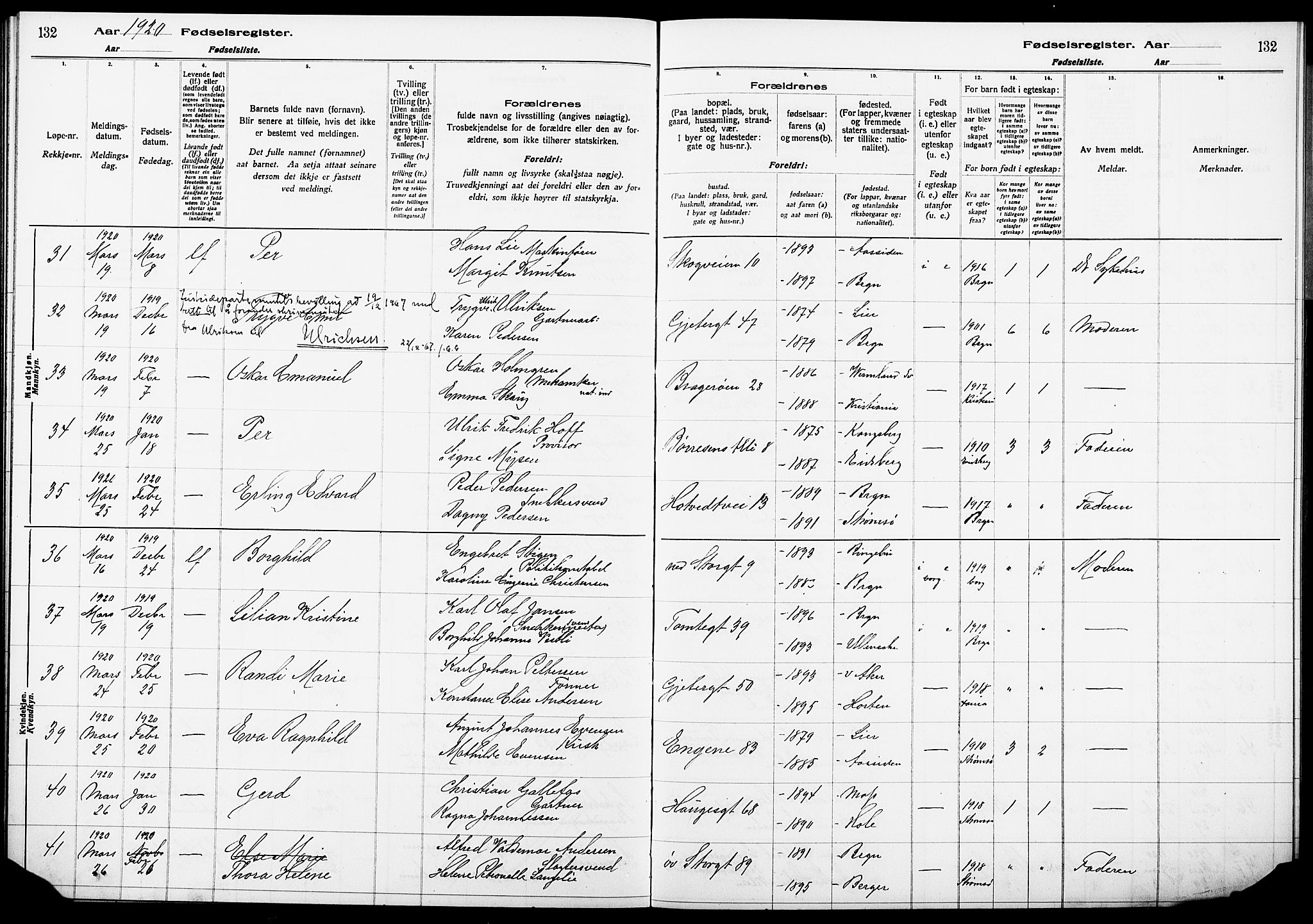 Bragernes kirkebøker, AV/SAKO-A-6/J/Ja/L0001: Birth register no. 1, 1916-1922, p. 132