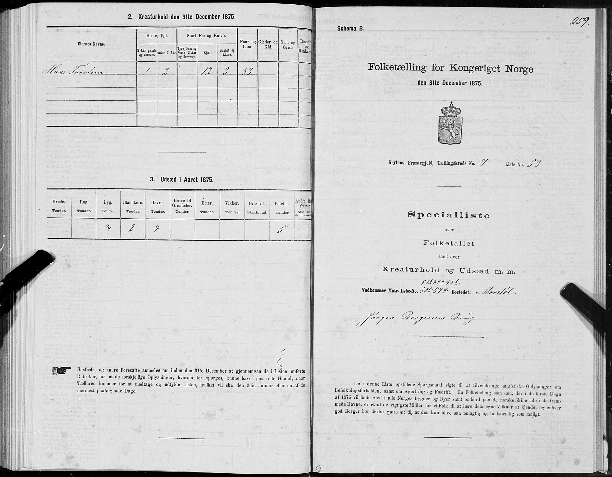 SAT, 1875 census for 1539P Grytten, 1875, p. 3259