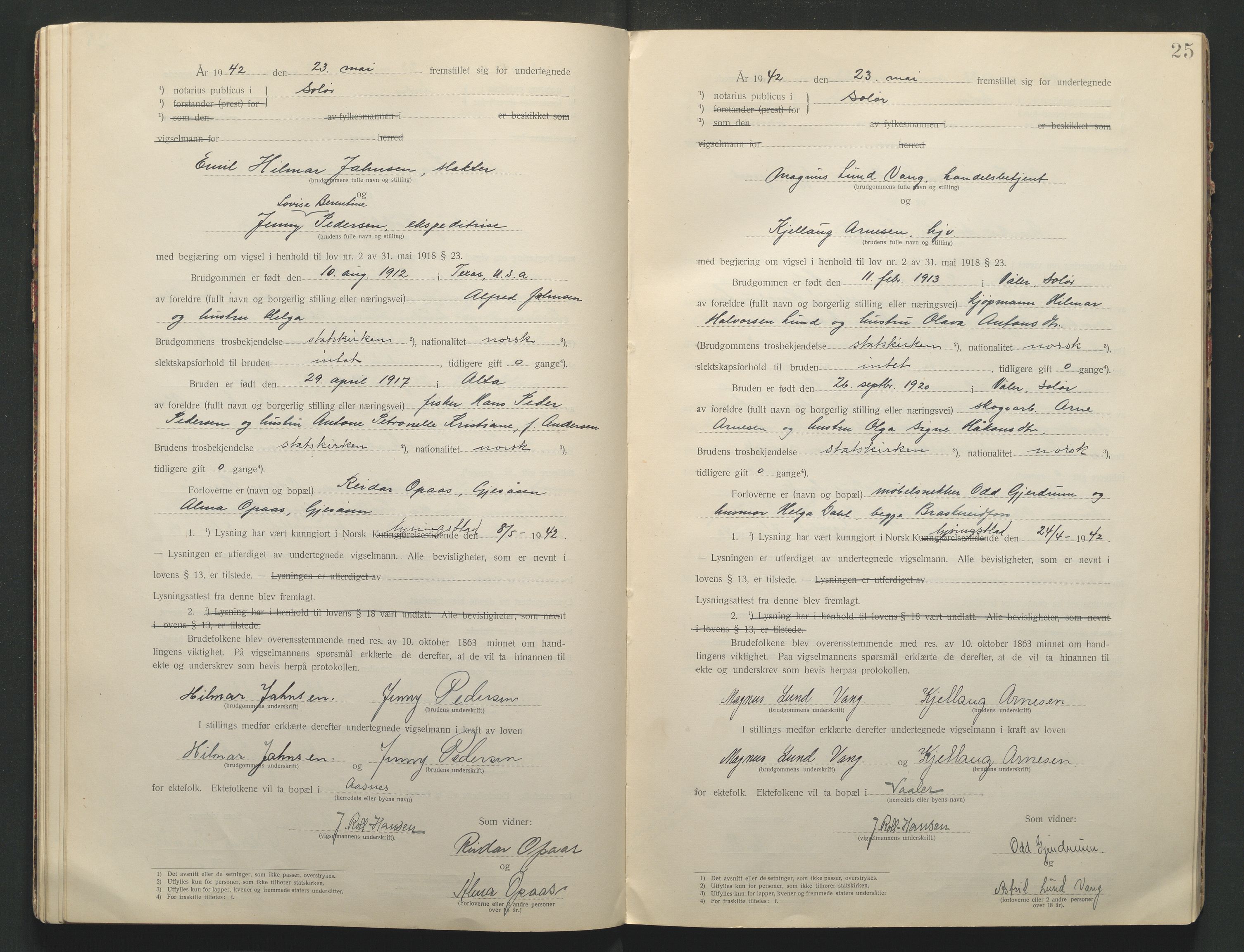 Solør tingrett, AV/SAH-TING-008/L/Lb/L0001: Vigselprotokoll, 1920-1943, p. 25