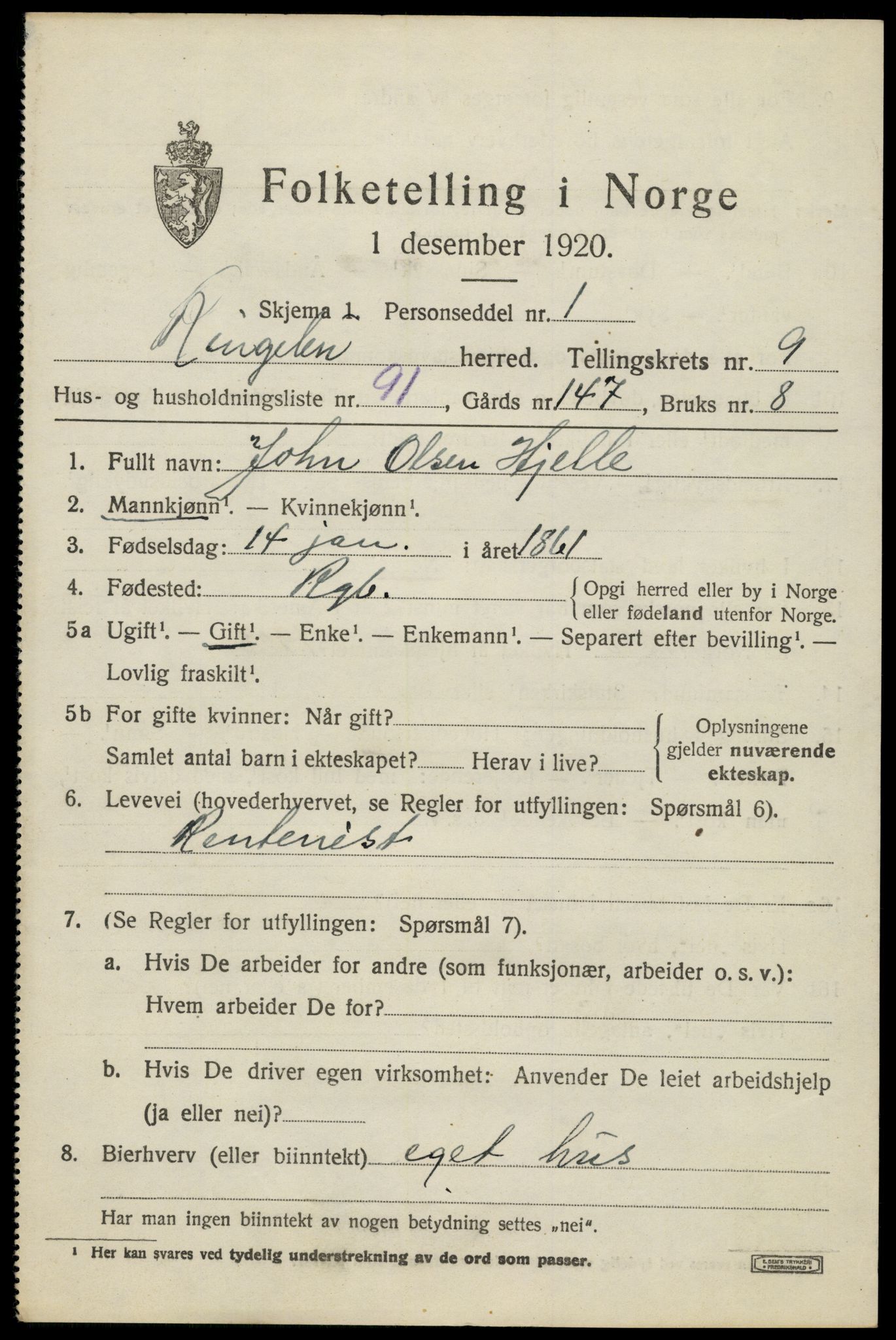 SAH, 1920 census for Ringebu, 1920, p. 9391