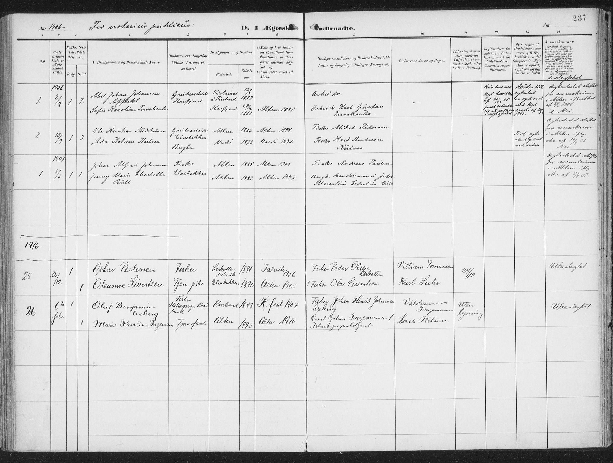 Alta sokneprestkontor, SATØ/S-1338/H/Ha/L0005.kirke: Parish register (official) no. 5, 1904-1918, p. 237