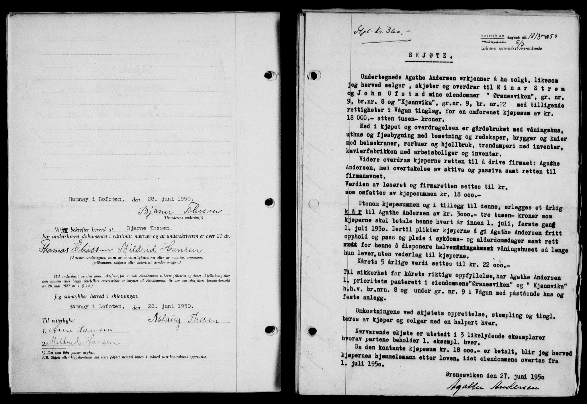 Lofoten sorenskriveri, SAT/A-0017/1/2/2C/L0024a: Mortgage book no. 24a, 1950-1950, Diary no: : 1813/1950