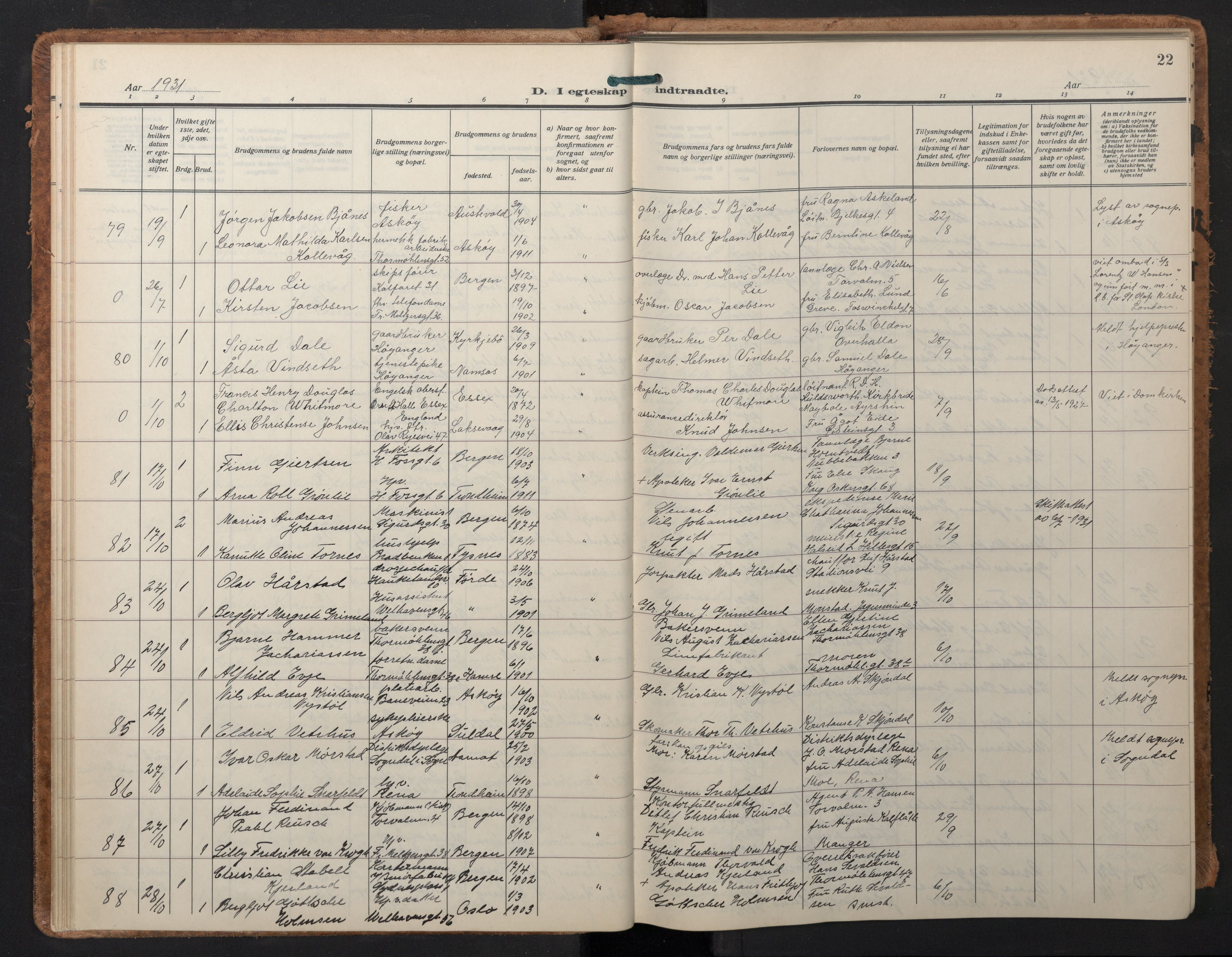 Johanneskirken sokneprestembete, SAB/A-76001/H/Hab: Parish register (copy) no. C 3, 1929-1949, p. 21b-22a