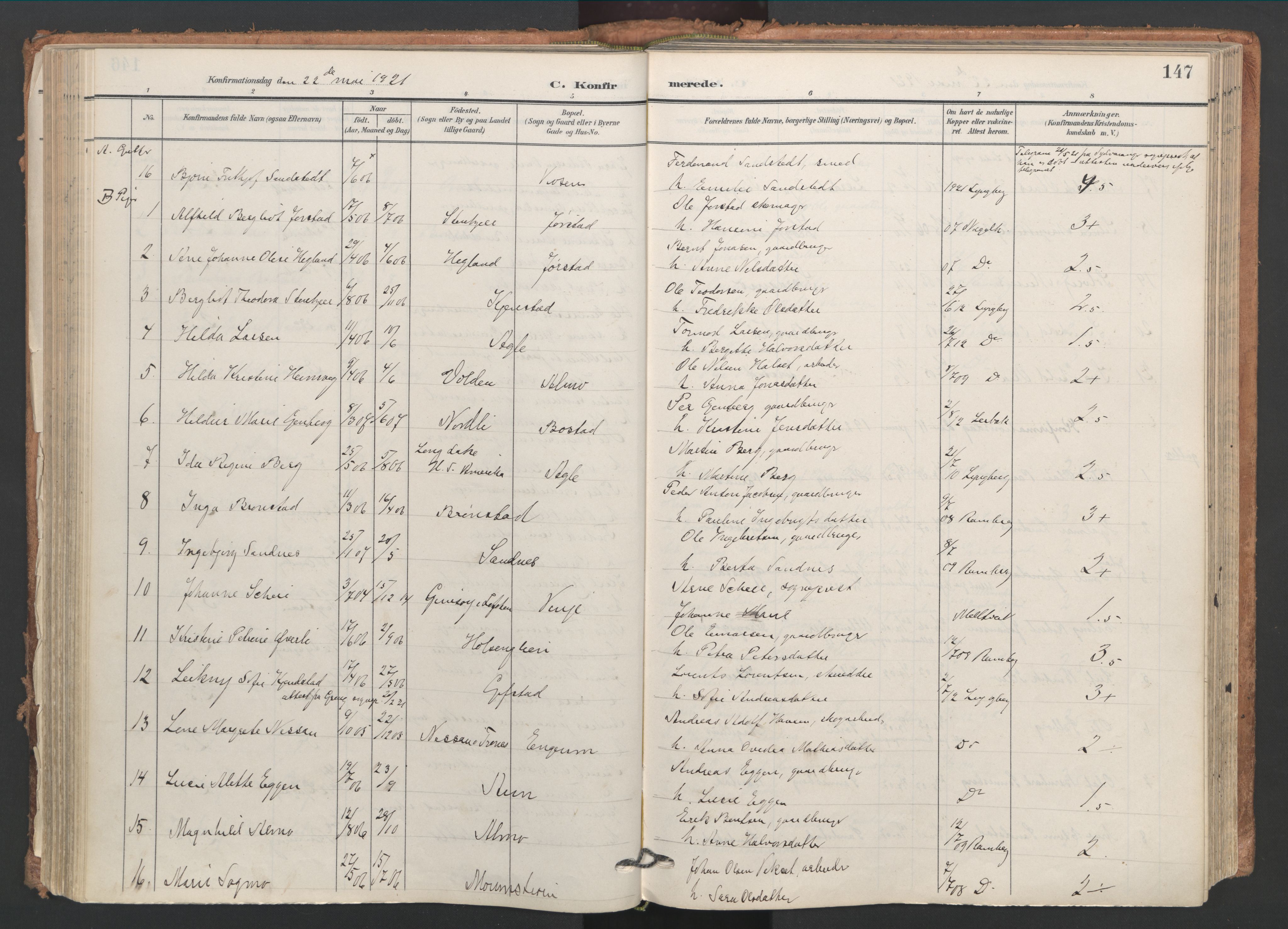 Ministerialprotokoller, klokkerbøker og fødselsregistre - Nord-Trøndelag, AV/SAT-A-1458/749/L0477: Parish register (official) no. 749A11, 1902-1927, p. 147