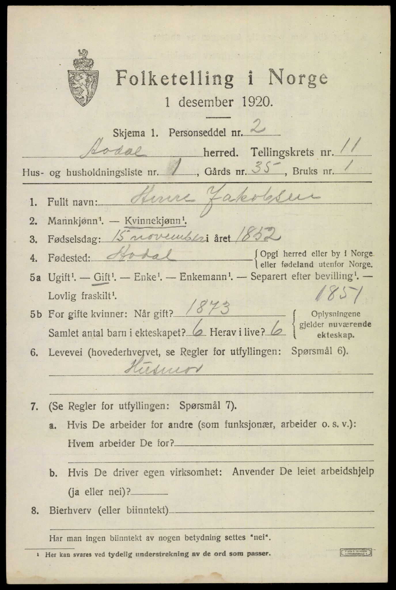 SAKO, 1920 census for Ådal, 1920, p. 6610