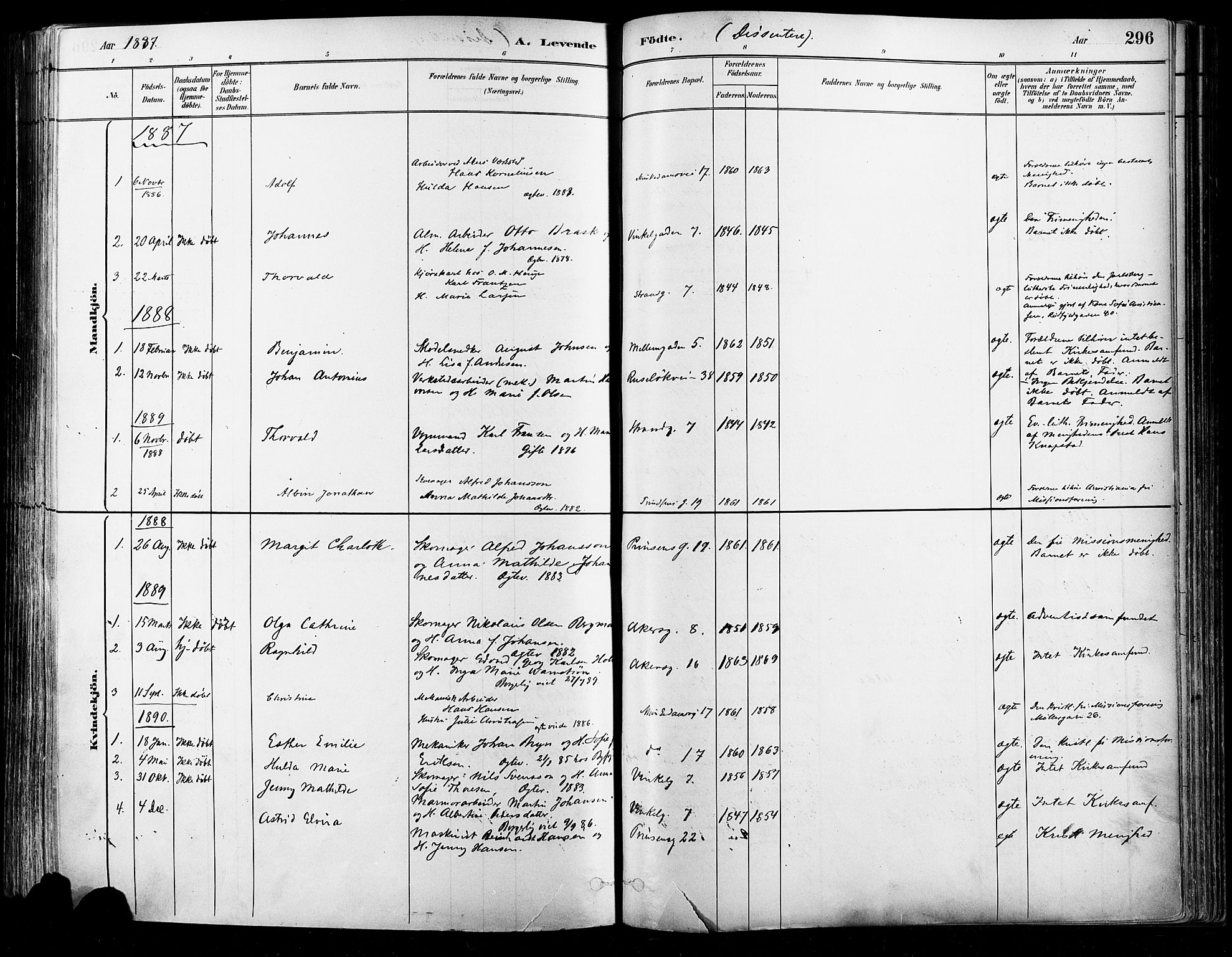 Johannes prestekontor Kirkebøker, AV/SAO-A-10852/F/Fa/L0003: Parish register (official) no. 3, 1882-1896, p. 296