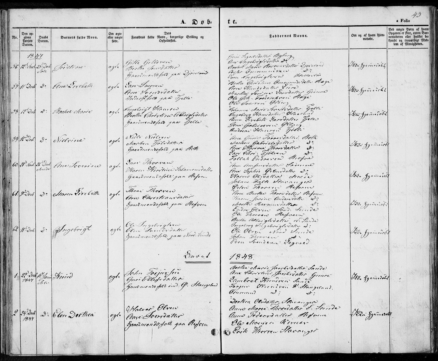 Håland sokneprestkontor, SAST/A-101802/001/30BA/L0006: Parish register (official) no. A 6, 1842-1853, p. 43