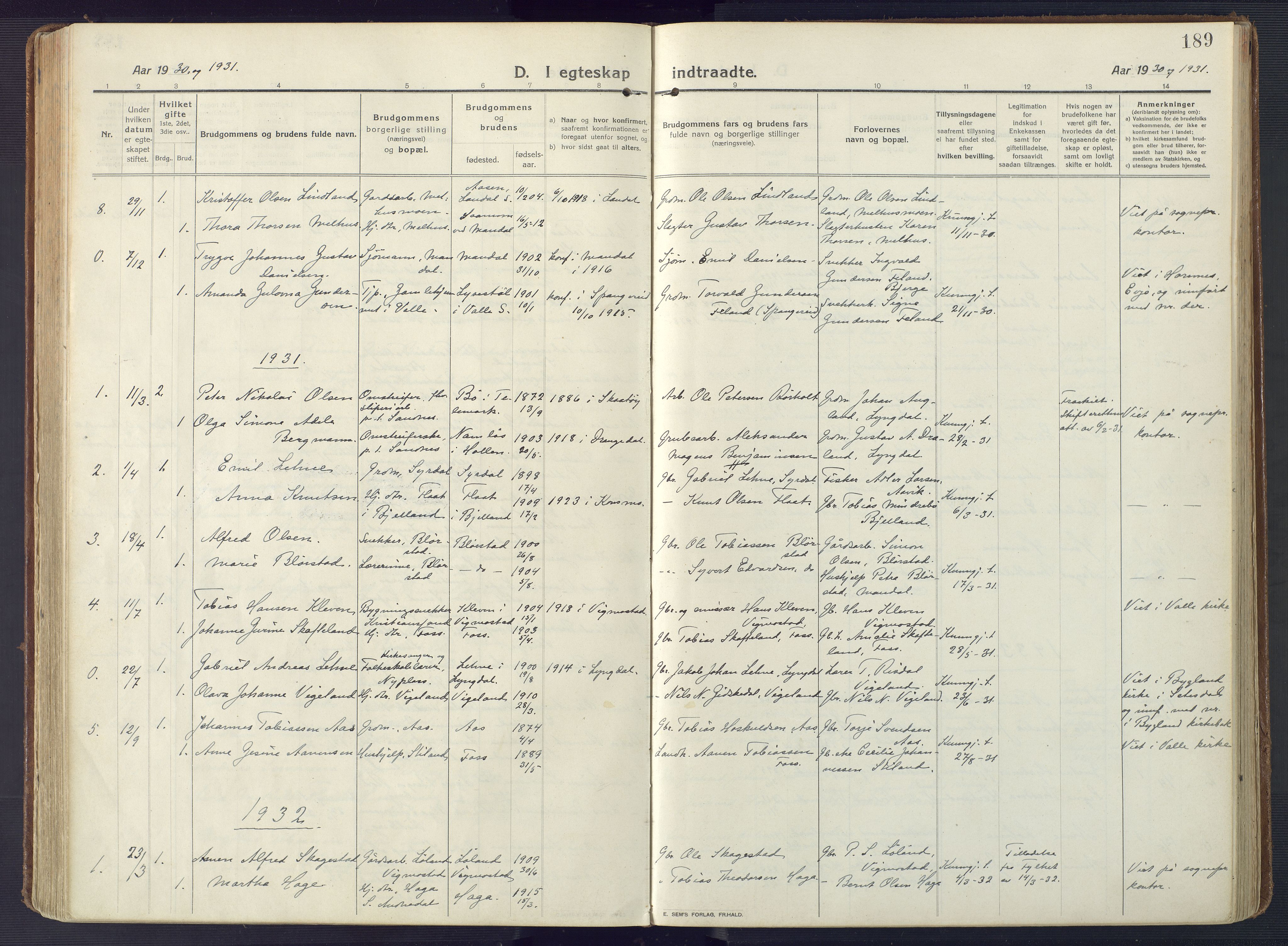 Sør-Audnedal sokneprestkontor, AV/SAK-1111-0039/F/Fa/Fab/L0011: Parish register (official) no. A 11, 1912-1938, p. 189