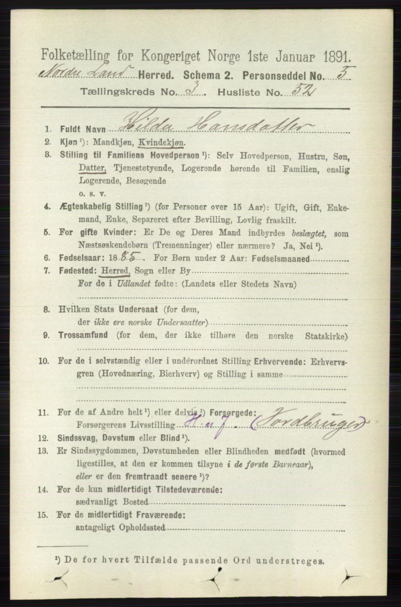 RA, 1891 census for 0538 Nordre Land, 1891, p. 1237