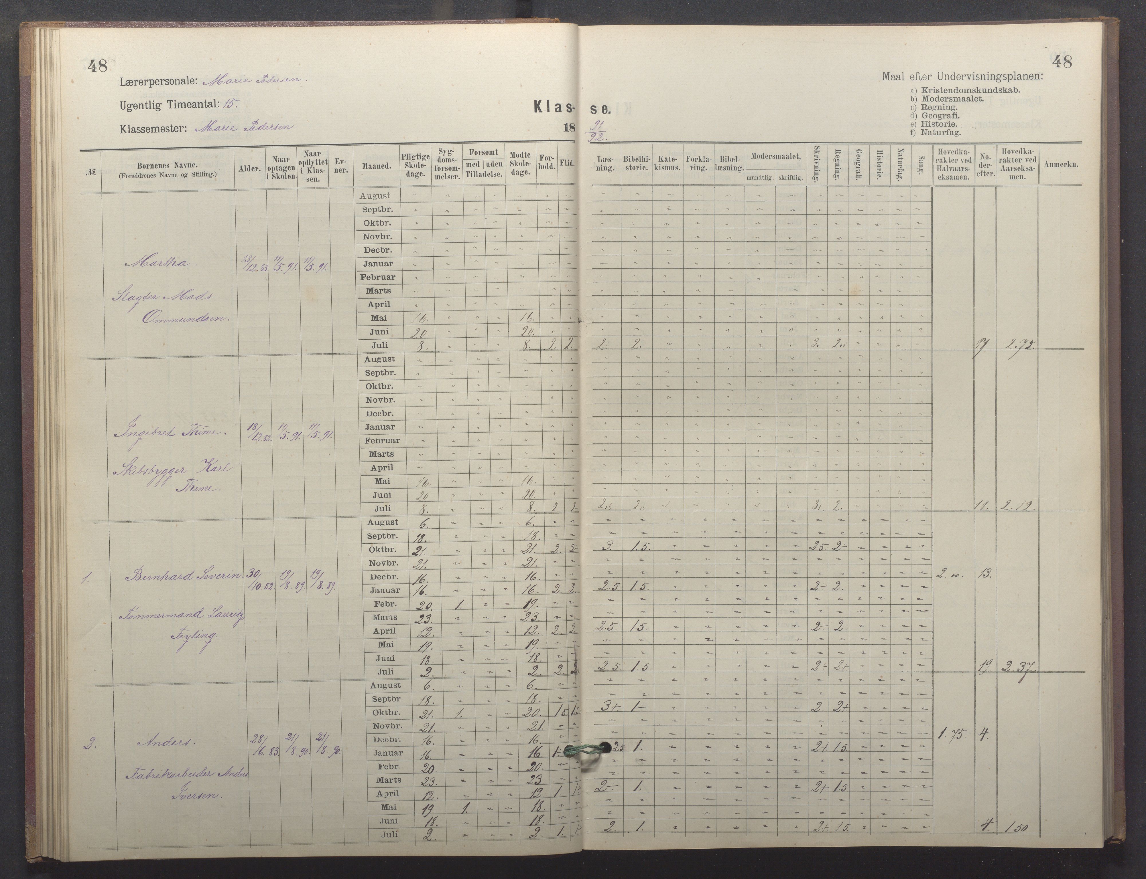 Egersund kommune (Ladested) - Egersund almueskole/folkeskole, IKAR/K-100521/H/L0026: Skoleprotokoll - Almueskolen, 1. klasse, 1889-1893, p. 48