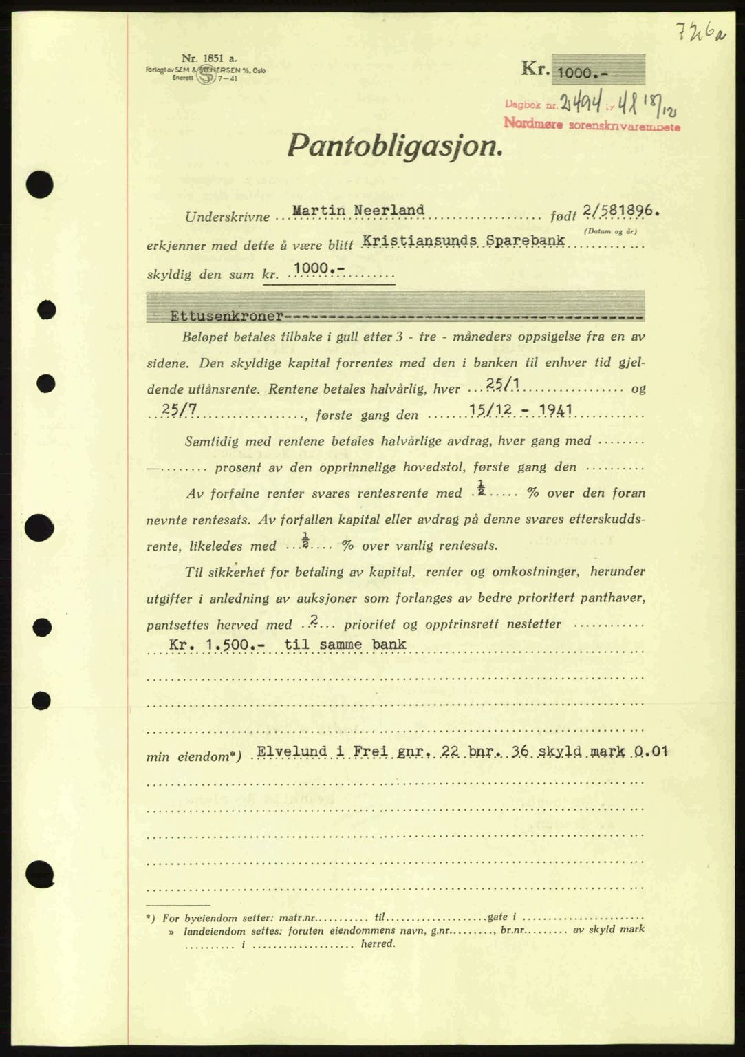 Nordmøre sorenskriveri, AV/SAT-A-4132/1/2/2Ca: Mortgage book no. B88, 1941-1942, Diary no: : 2494/1941