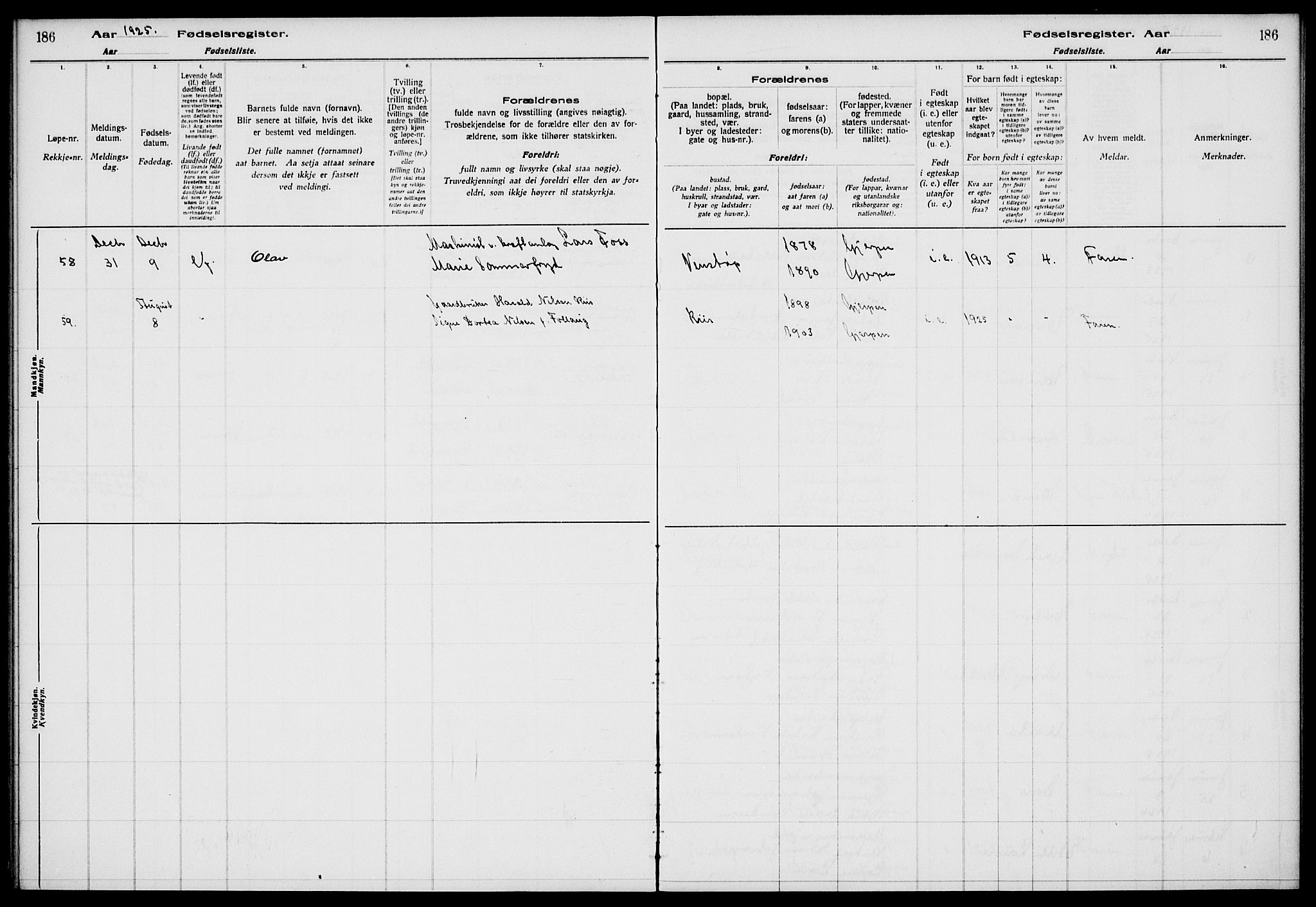 Gjerpen kirkebøker, SAKO/A-265/J/Ja/L0001: Birth register no. 1, 1916-1926, p. 186