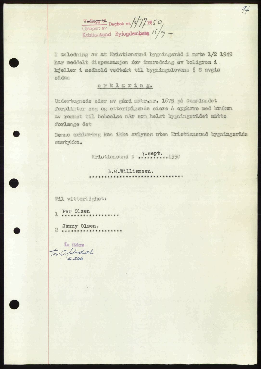 Kristiansund byfogd, AV/SAT-A-4587/A/27: Mortgage book no. 50, 1950-1950, Diary no: : 1477/1950