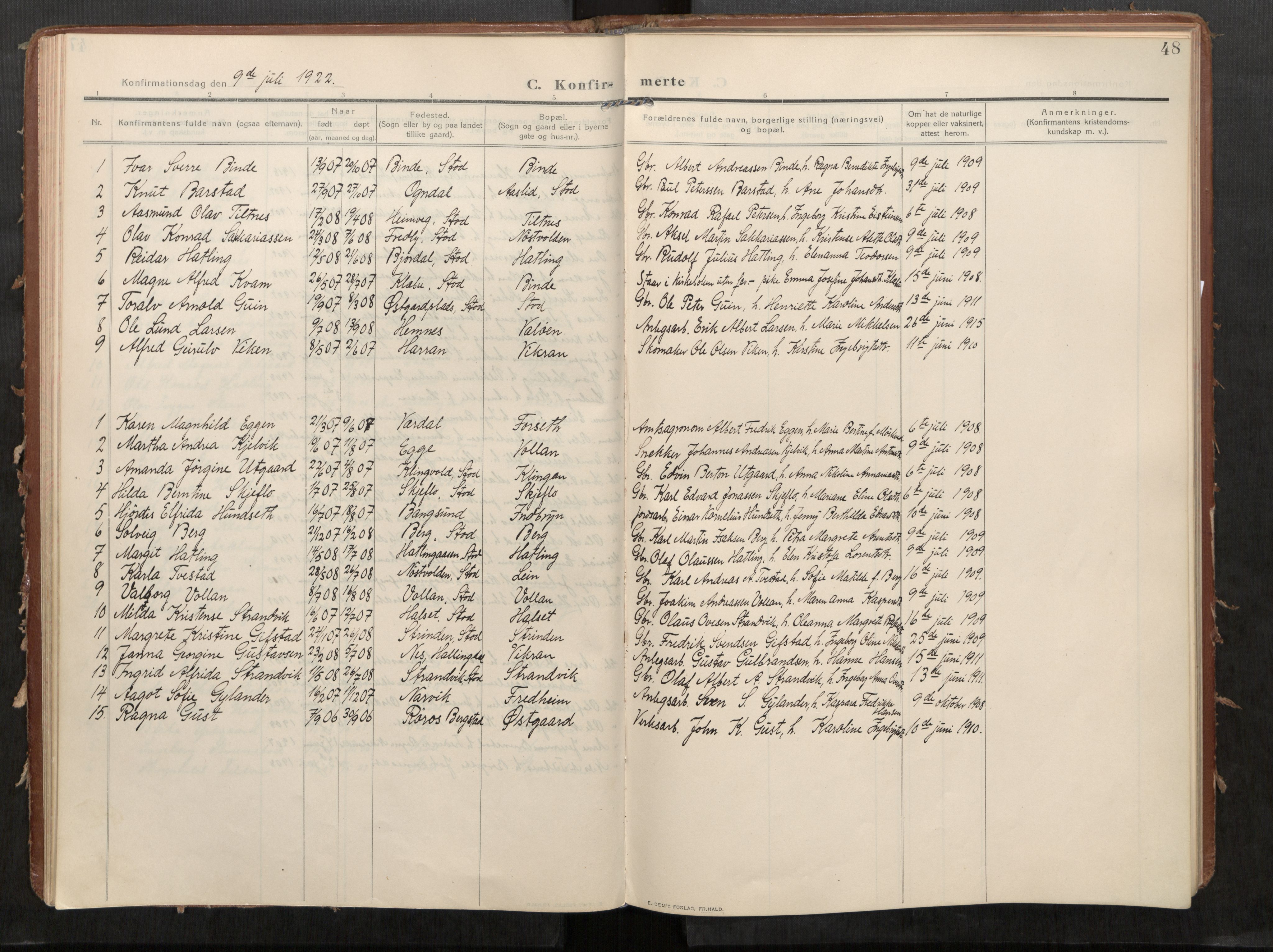 Stod sokneprestkontor, SAT/A-1164/1/I/I1/I1a/L0002: Parish register (official) no. 2, 1909-1922, p. 48