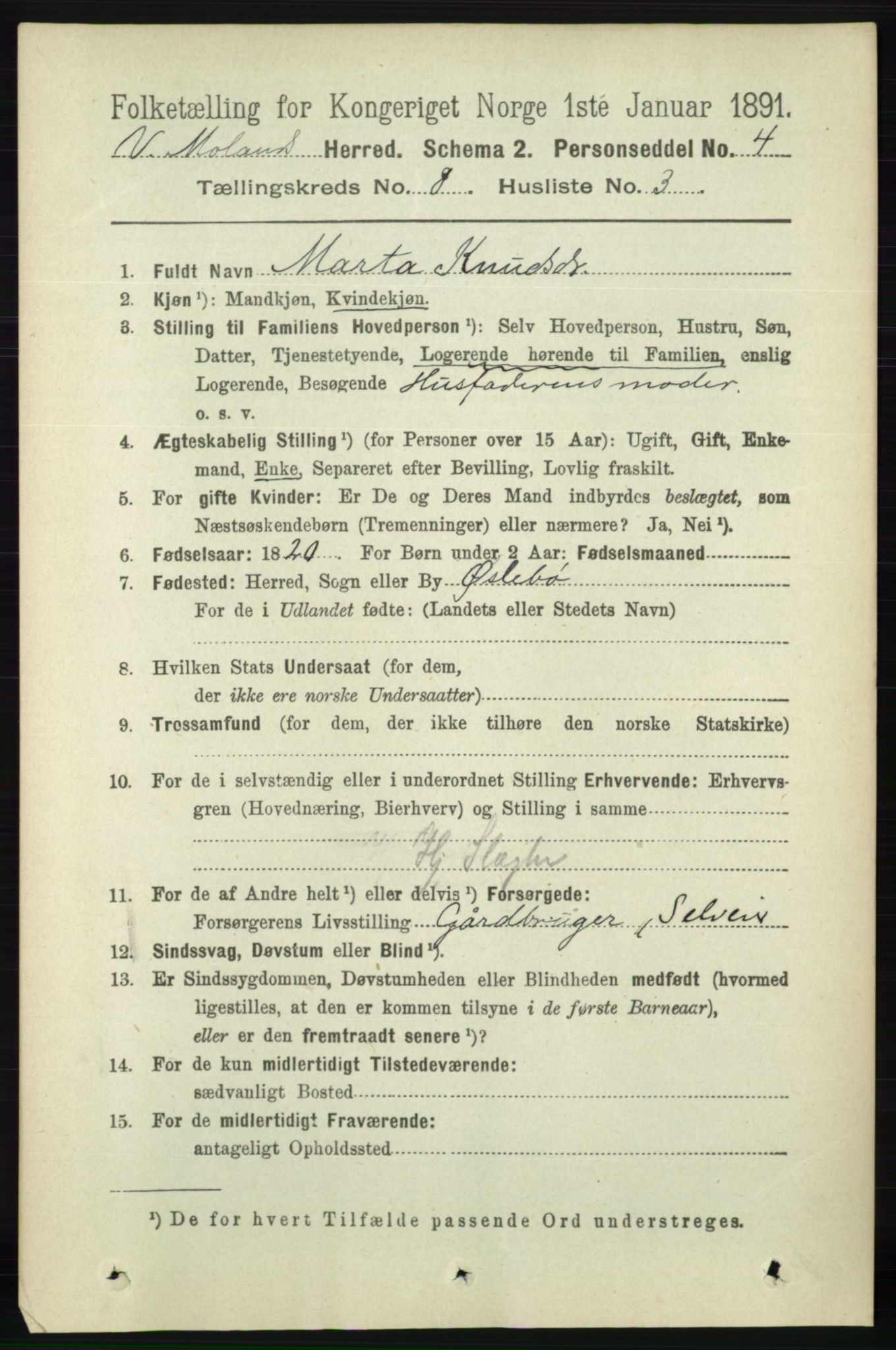 RA, 1891 census for 0926 Vestre Moland, 1891, p. 3013