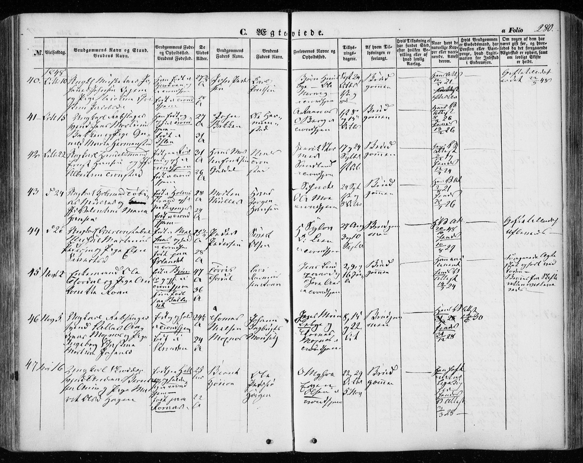 Ministerialprotokoller, klokkerbøker og fødselsregistre - Sør-Trøndelag, SAT/A-1456/601/L0051: Parish register (official) no. 601A19, 1848-1857, p. 280