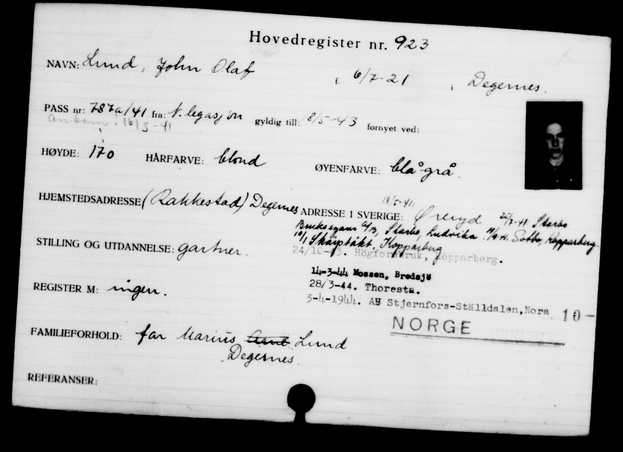 Utenriksstasjonene, Legasjonen i Stockholm, Flyktningkontoret, AV/RA-S-6753/V/Va/L0001: Kjesäterkartoteket, flyktninger med registreringsnr. 1-1000, 1940-1945, p. 1449