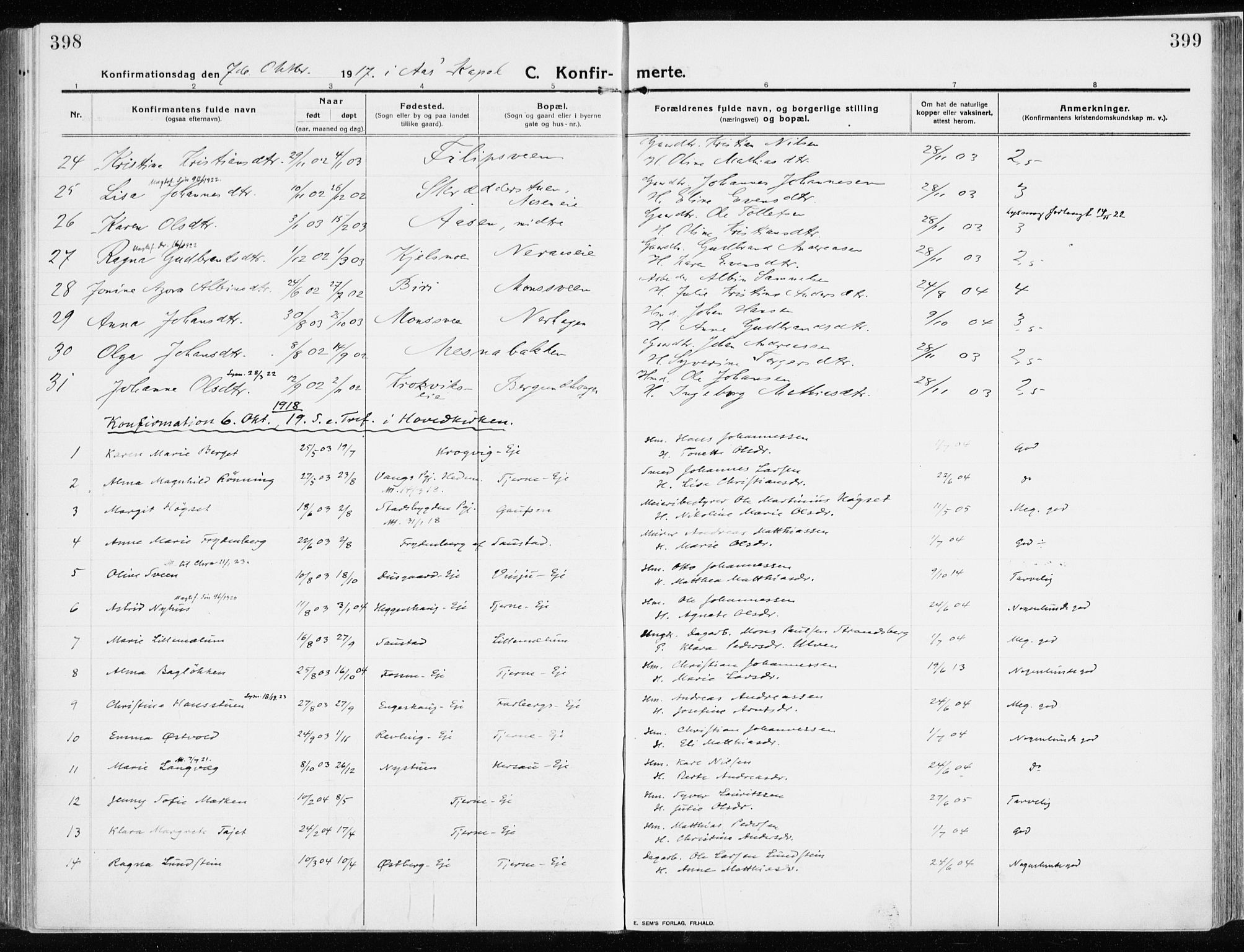 Ringsaker prestekontor, SAH/PREST-014/K/Ka/L0020: Parish register (official) no. 20, 1913-1922, p. 398-399