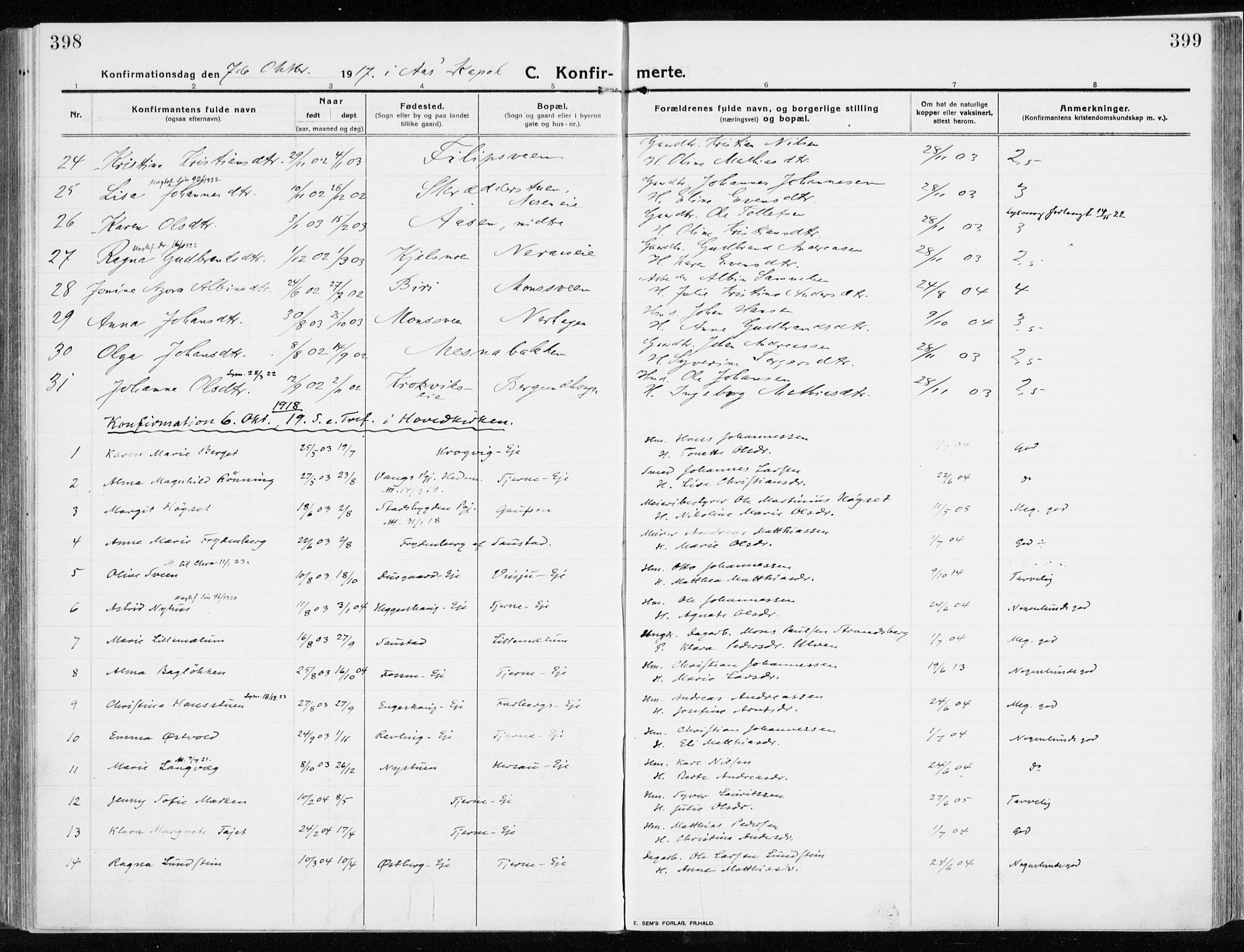 Ringsaker prestekontor, AV/SAH-PREST-014/K/Ka/L0020: Parish register (official) no. 20, 1913-1922, p. 398-399