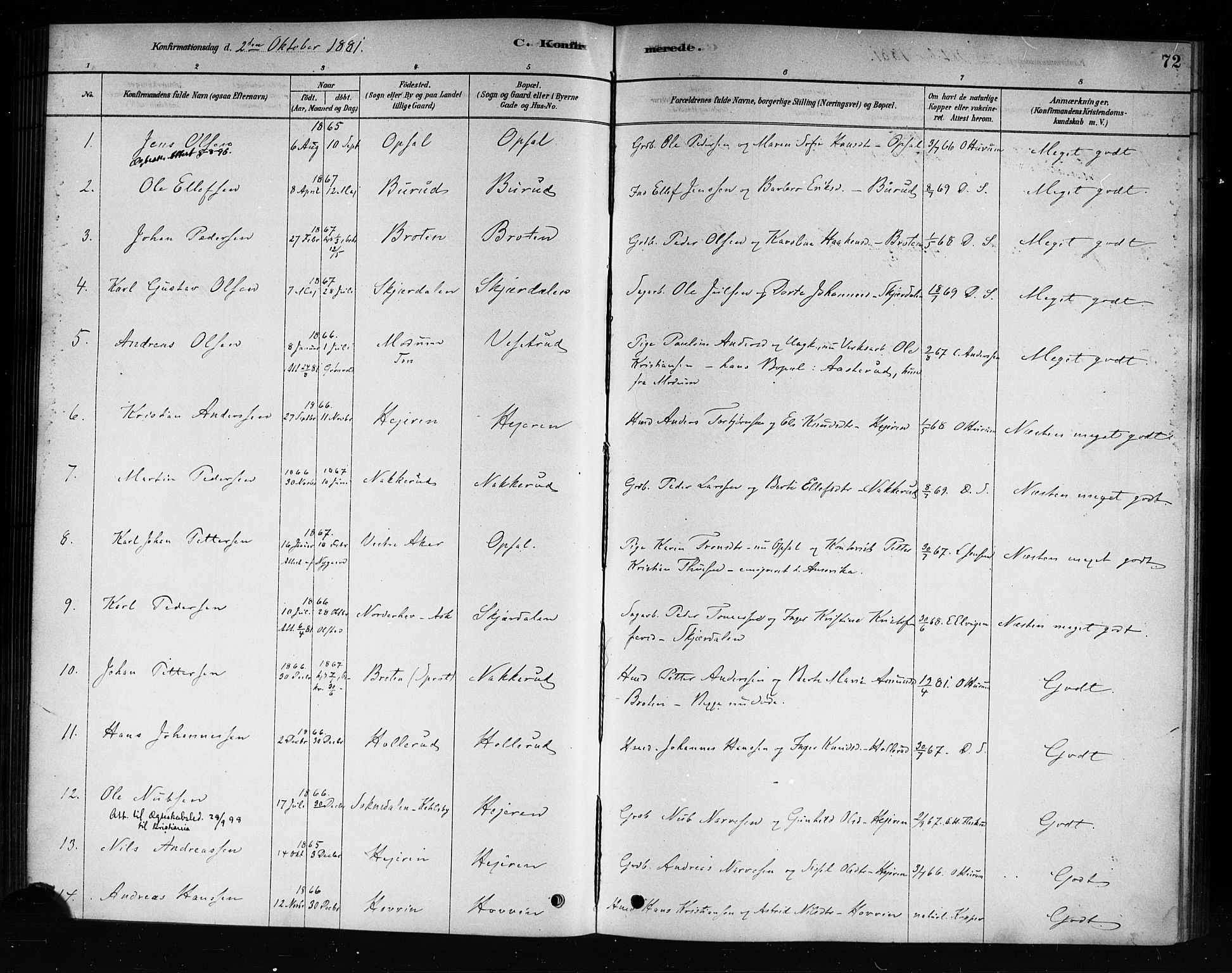 Hole kirkebøker, AV/SAKO-A-228/F/Fb/L0001: Parish register (official) no. II 1, 1878-1891, p. 72