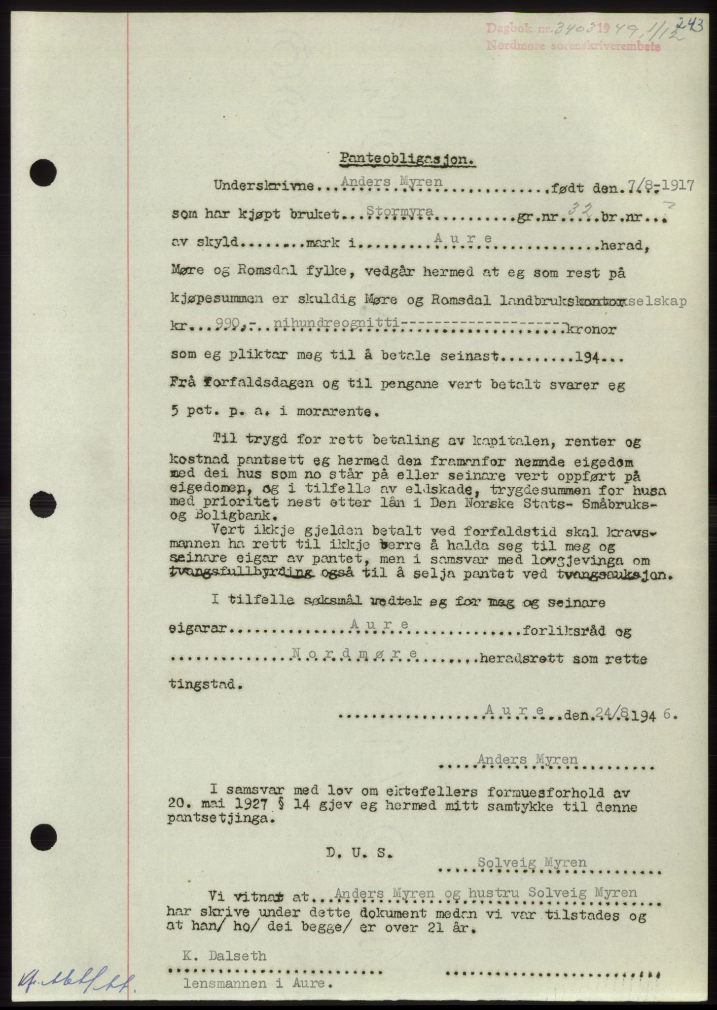 Nordmøre sorenskriveri, AV/SAT-A-4132/1/2/2Ca: Mortgage book no. B103, 1949-1950, Diary no: : 3403/1949